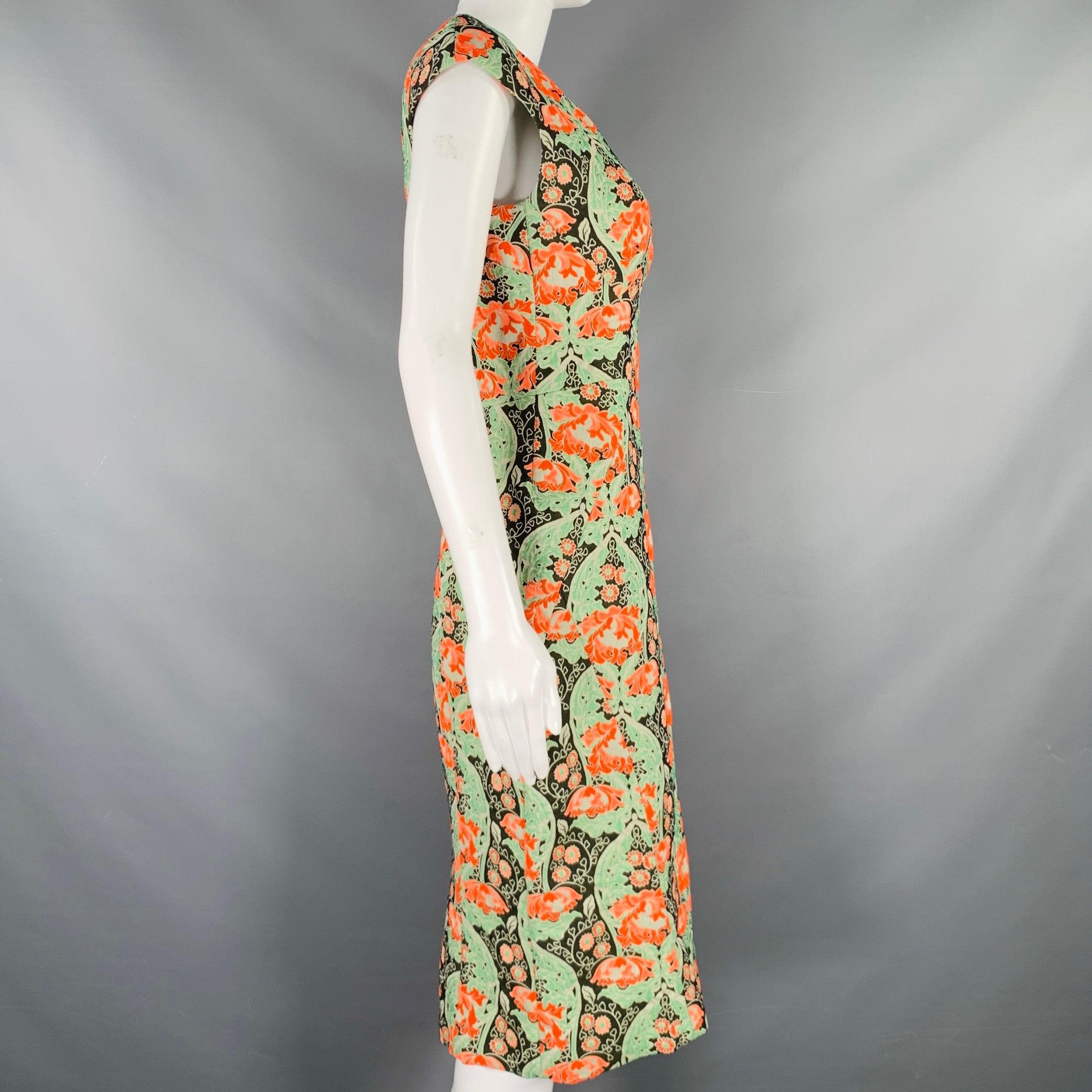 Beige ZAC POSEN Size 8 Green Multi Color Cotton Blend Tapestry Sleeveless Dress For Sale