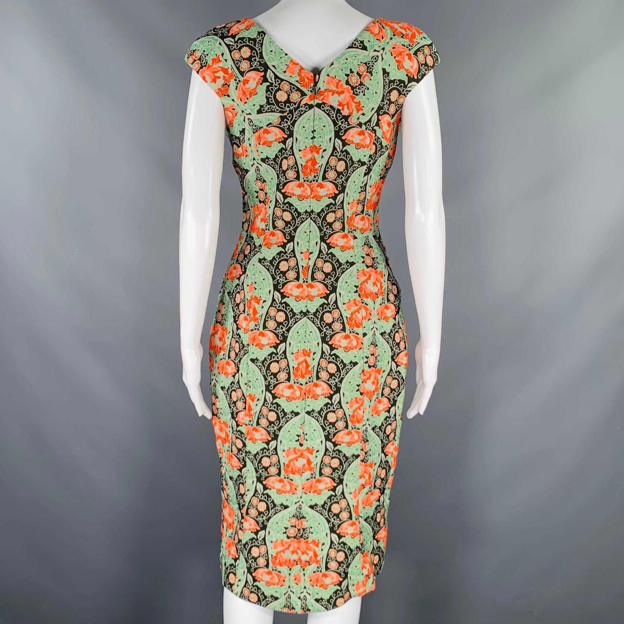 ZAC POSEN Size 8 Green Multi Color Cotton Blend Tapestry Sleeveless Dress In Excellent Condition For Sale In San Francisco, CA