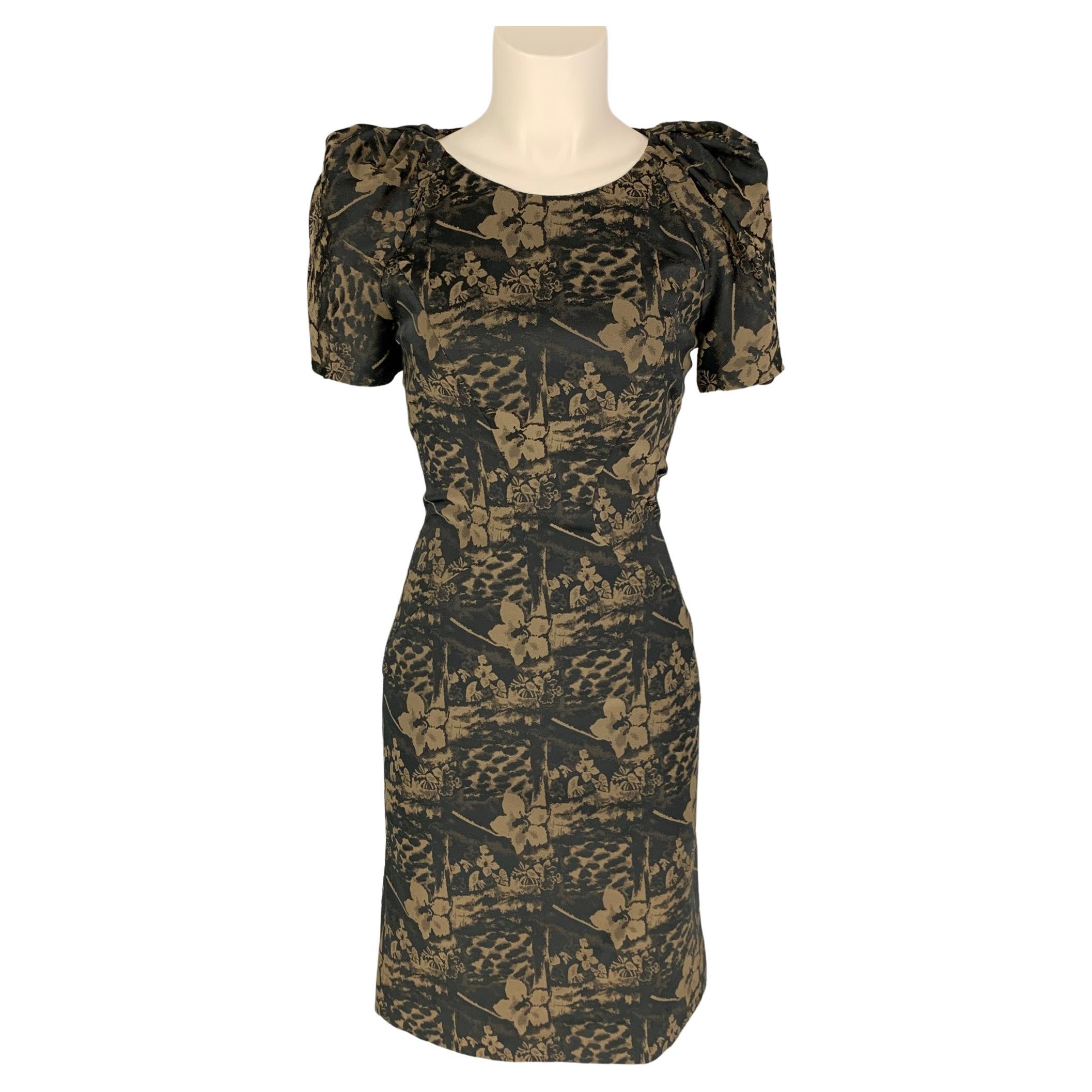 ZAC POSEN Size S Olive Black Floral Short Sleeve Dress
