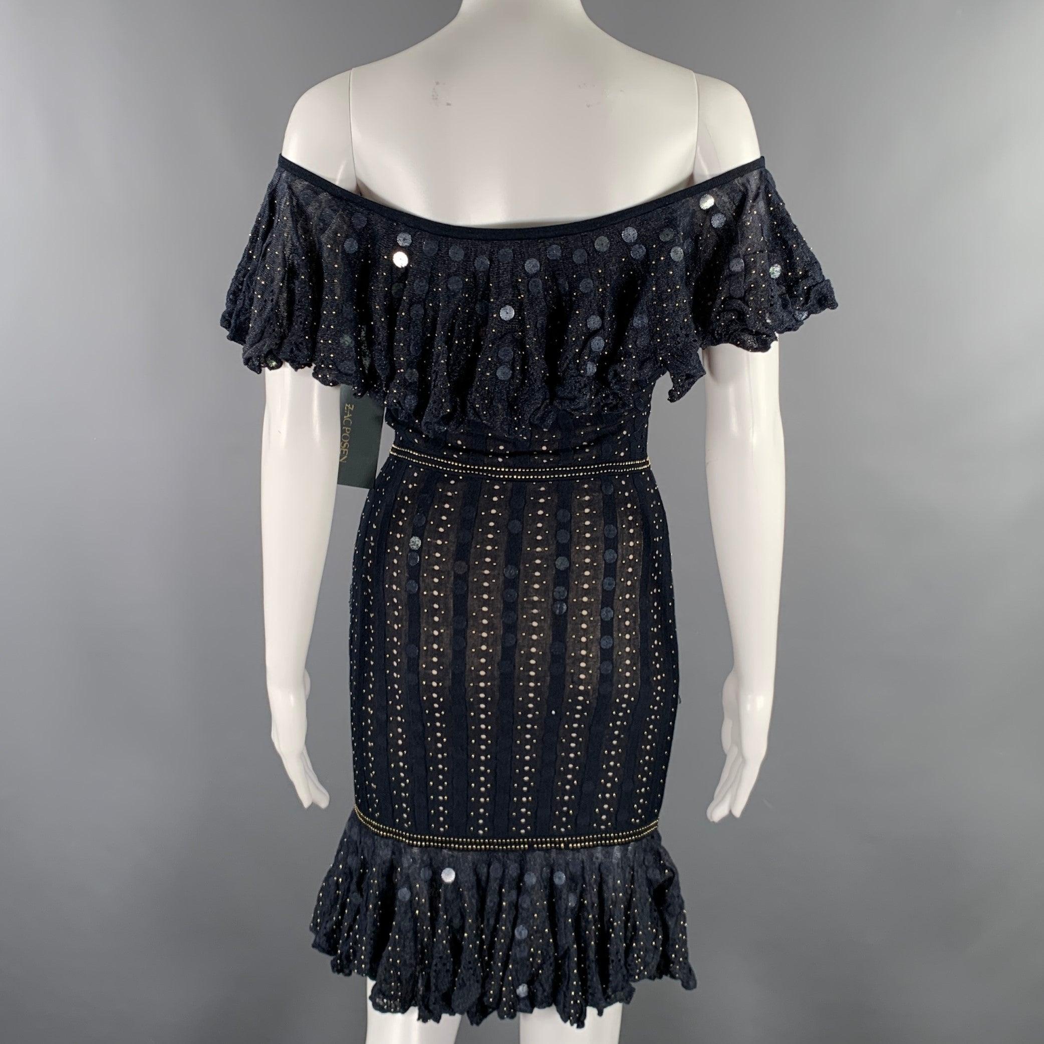 ZAC POSEN Size XS -Starry Night Tango-Silk Blend Payettes Ruffle Dress In Excellent Condition In San Francisco, CA