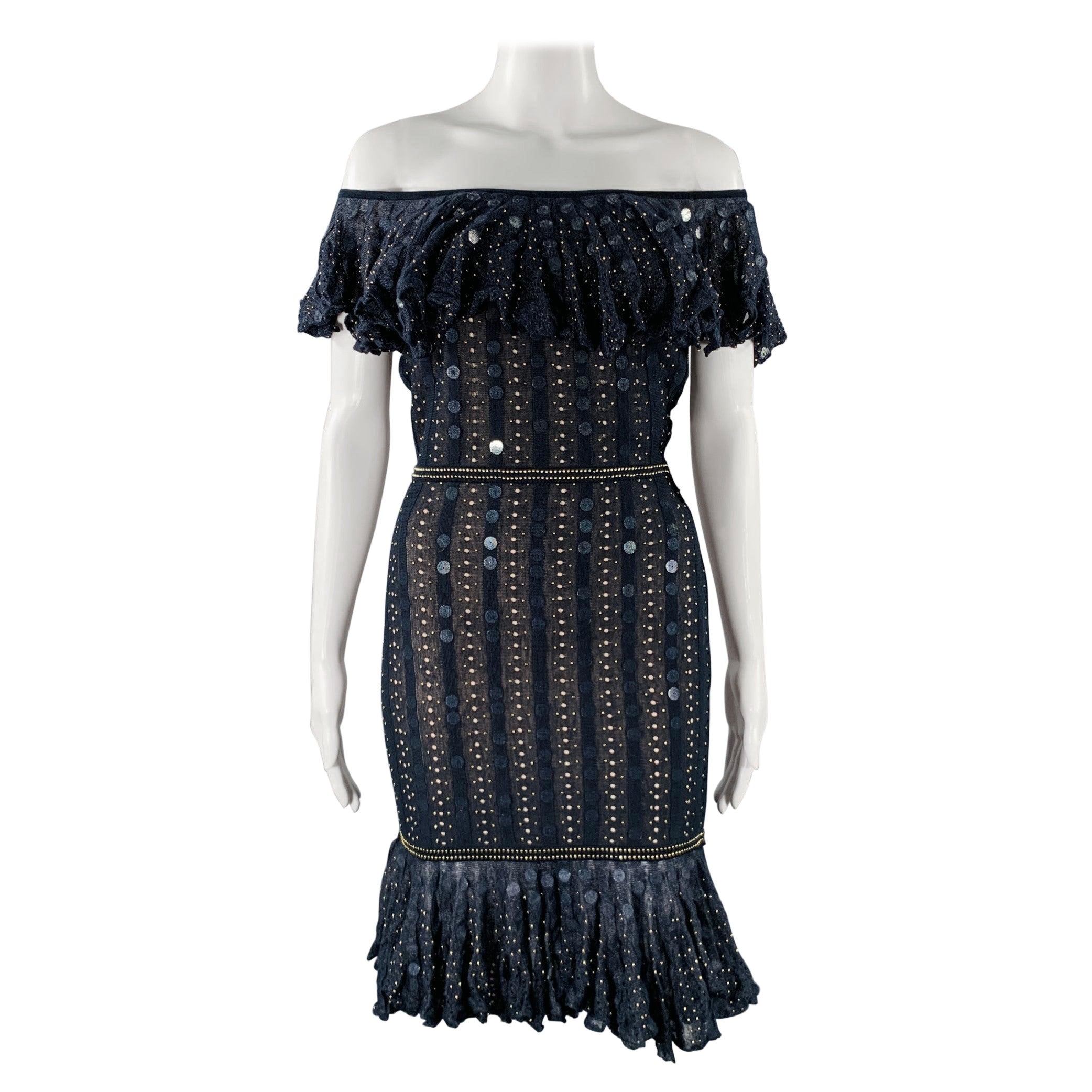 ZAC POSEN Size XS -Starry Night Tango- Navy Gold Silk Blend Payettes Ruffle