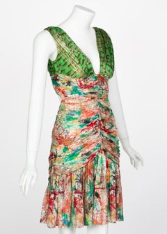 Zac Posen Splash Paint Multicolored Print Silk Lamè Cutout Back Dress, 2006