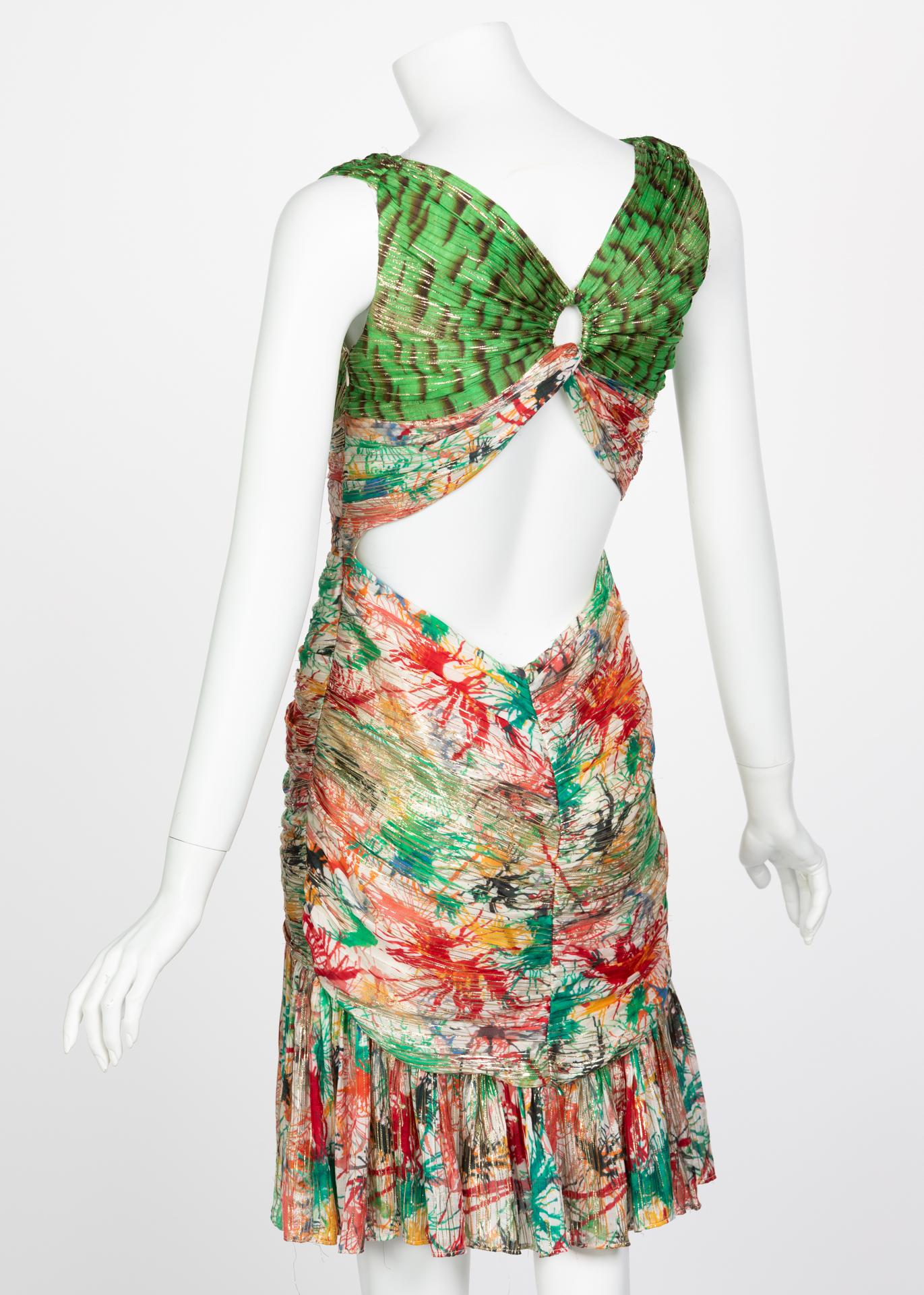 Brown Zac Posen Splash Paint Multicolored Print Silk Lamè Cutout Back Dress, 2006