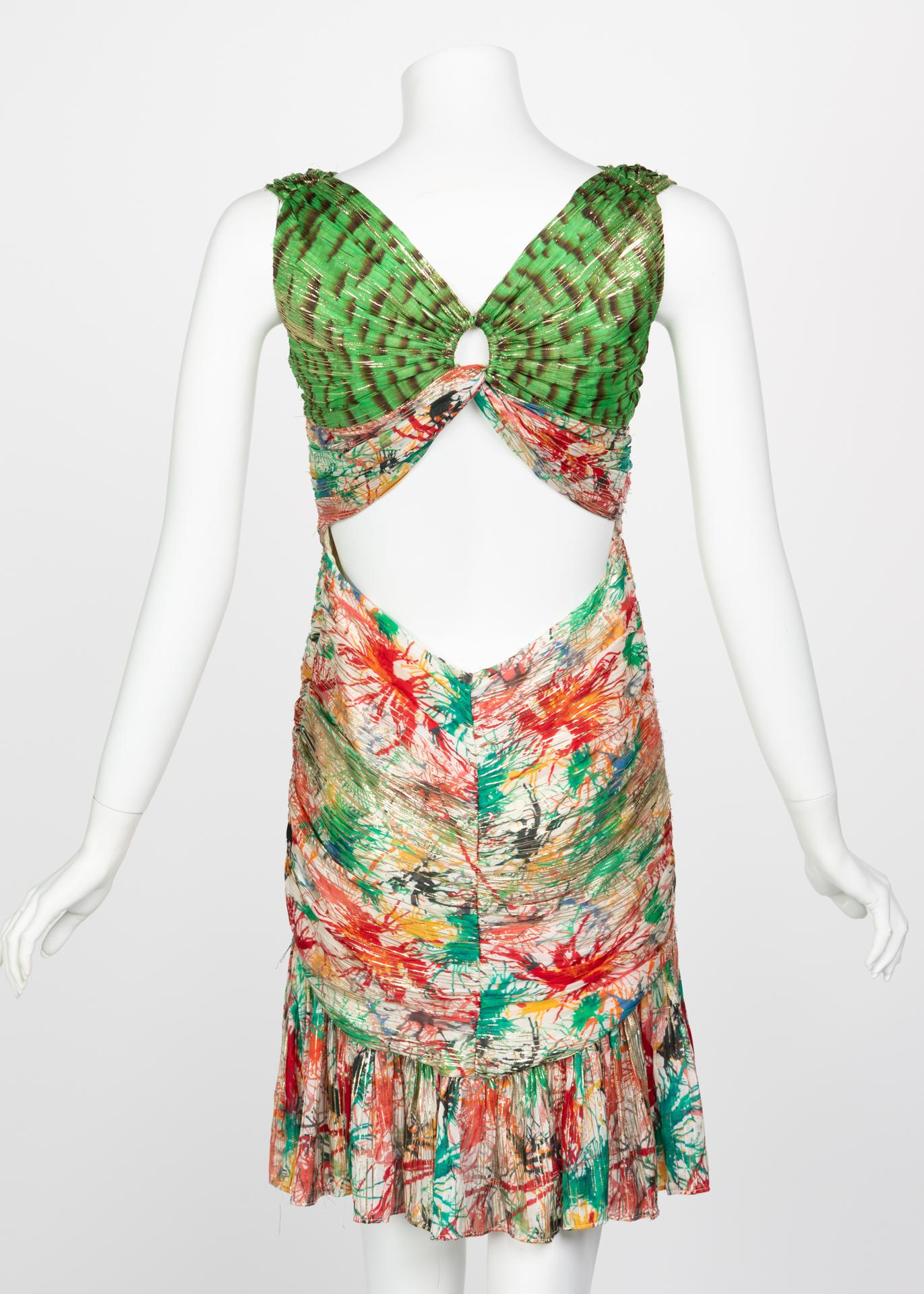 Zac Posen Splash Paint Multicolored Print Silk Lamè Cutout Back Dress, 2006 In Good Condition In Boca Raton, FL