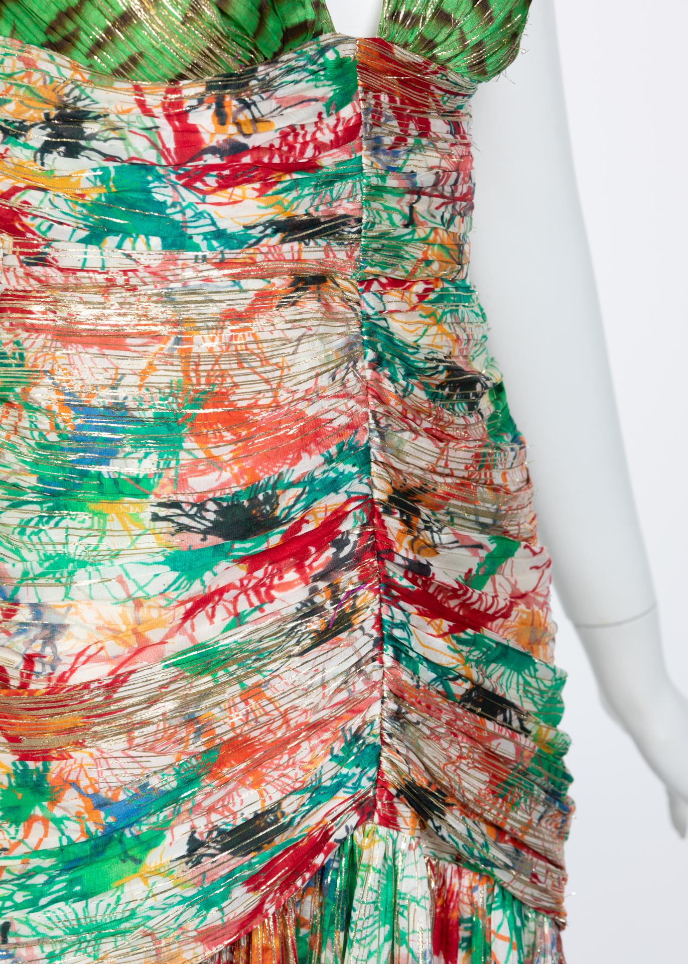 Zac Posen Splash Paint Multicolored Print Silk Lamè Cutout Back Dress, 2006 1