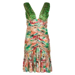 Zac Posen Splash Paint Multicolored Print Silk Lamè Cutout Back Dress, 2006