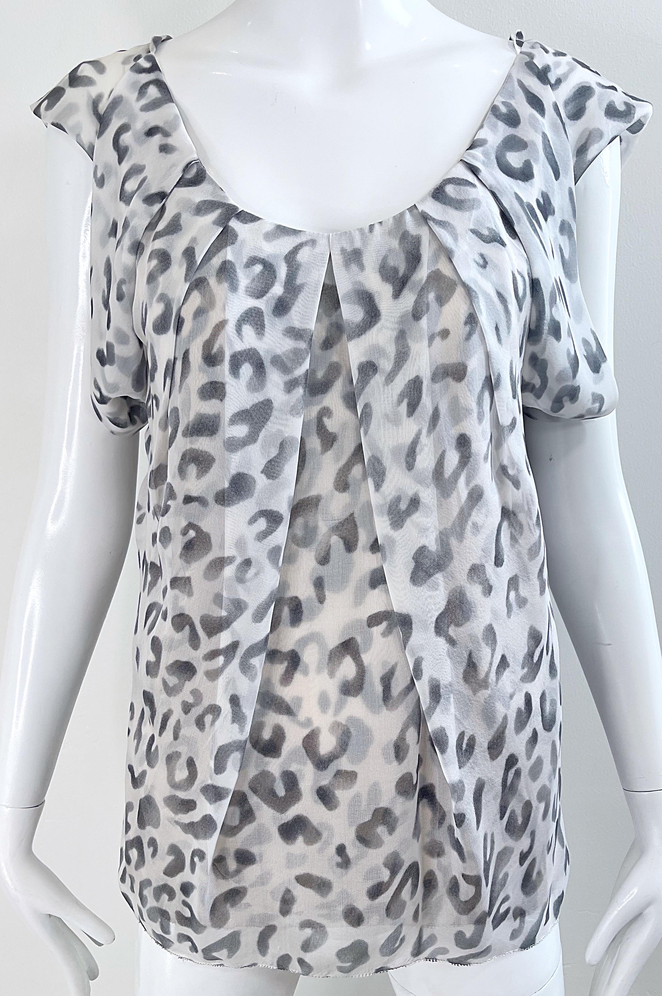Zac Posen Spring 2009 Size 10 Snow Leopard Animal Print Silk Sleeveless Blouse For Sale 7