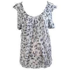 Zac Posen Primavera 2009 Talla 10 Blusa sin mangas de seda con estampado animal de leopardo nevado