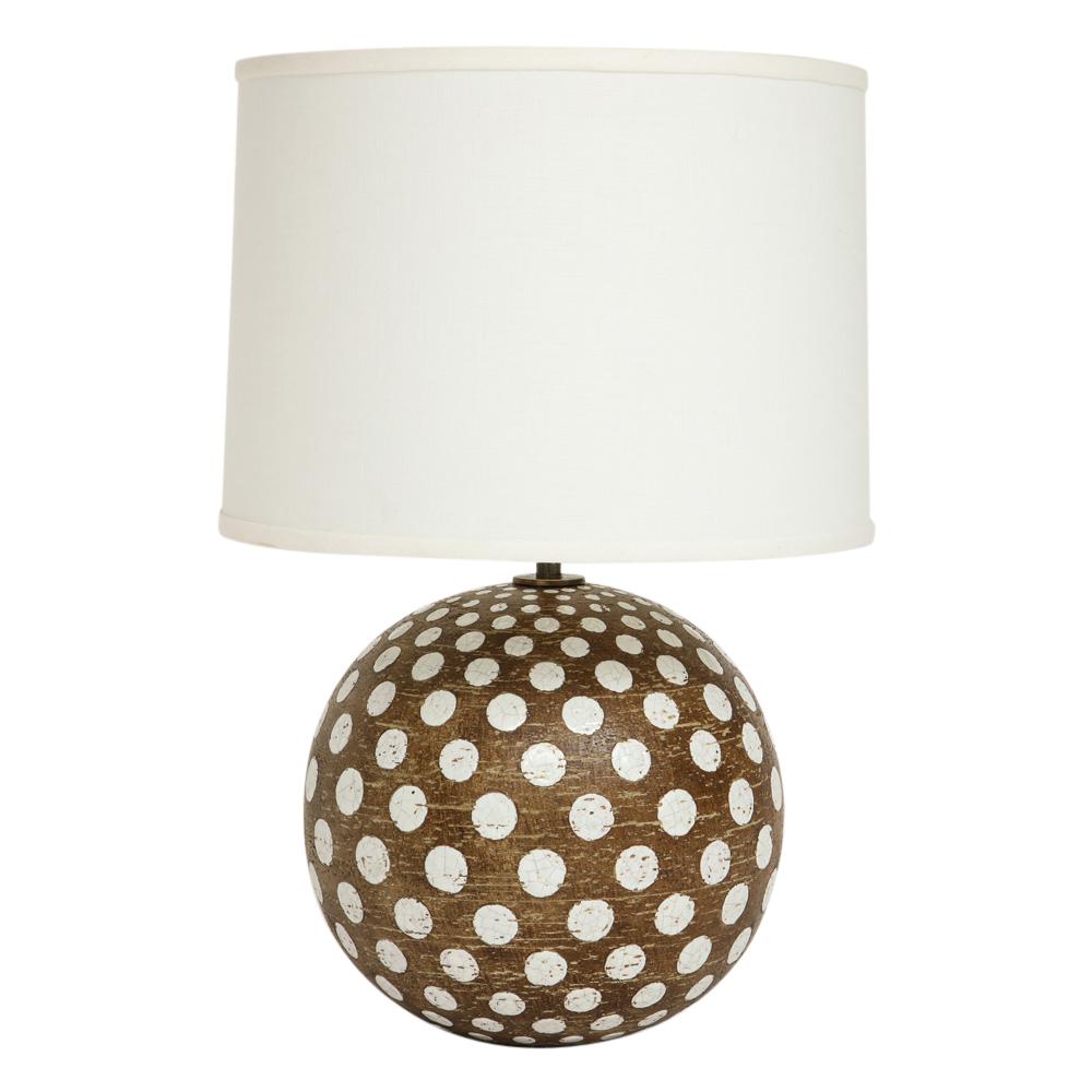 Zaccagnini lamp, ceramic, brown white, polka dot, signed. Newly rewired with darkened brass double cluster socket and cloth cord with switch. Ceramic only measures 12 inches high x 11 inches wide. Signed Z Italy on underside in gold.