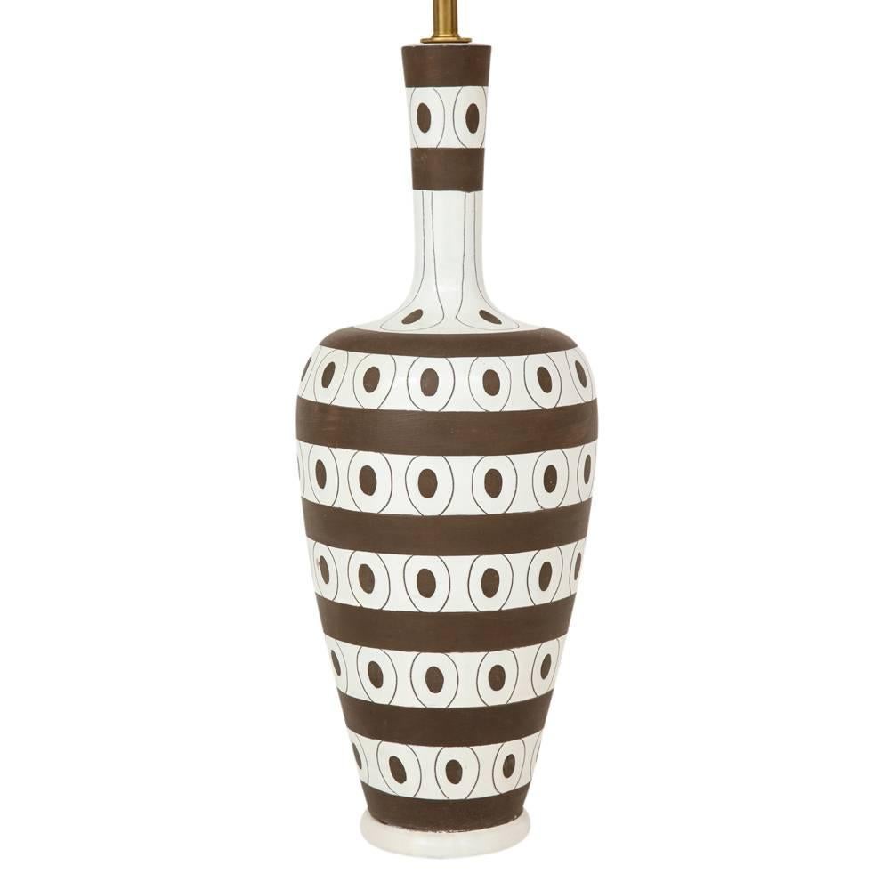 Mid-Century Modern Zaccagnini Lamp, Ceramic, Stripes, Dots, White, Brown, Signed