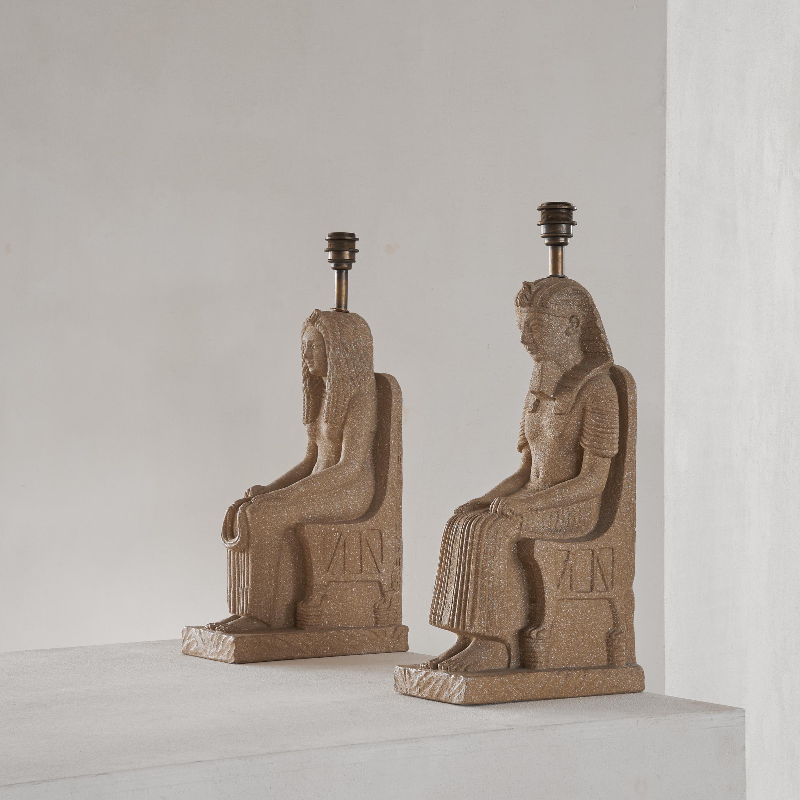 Mid-Century Modern Zaccagnini Florence Pair of Monumental Pharaoh Ceramic Table Lamps Italy 1970s
