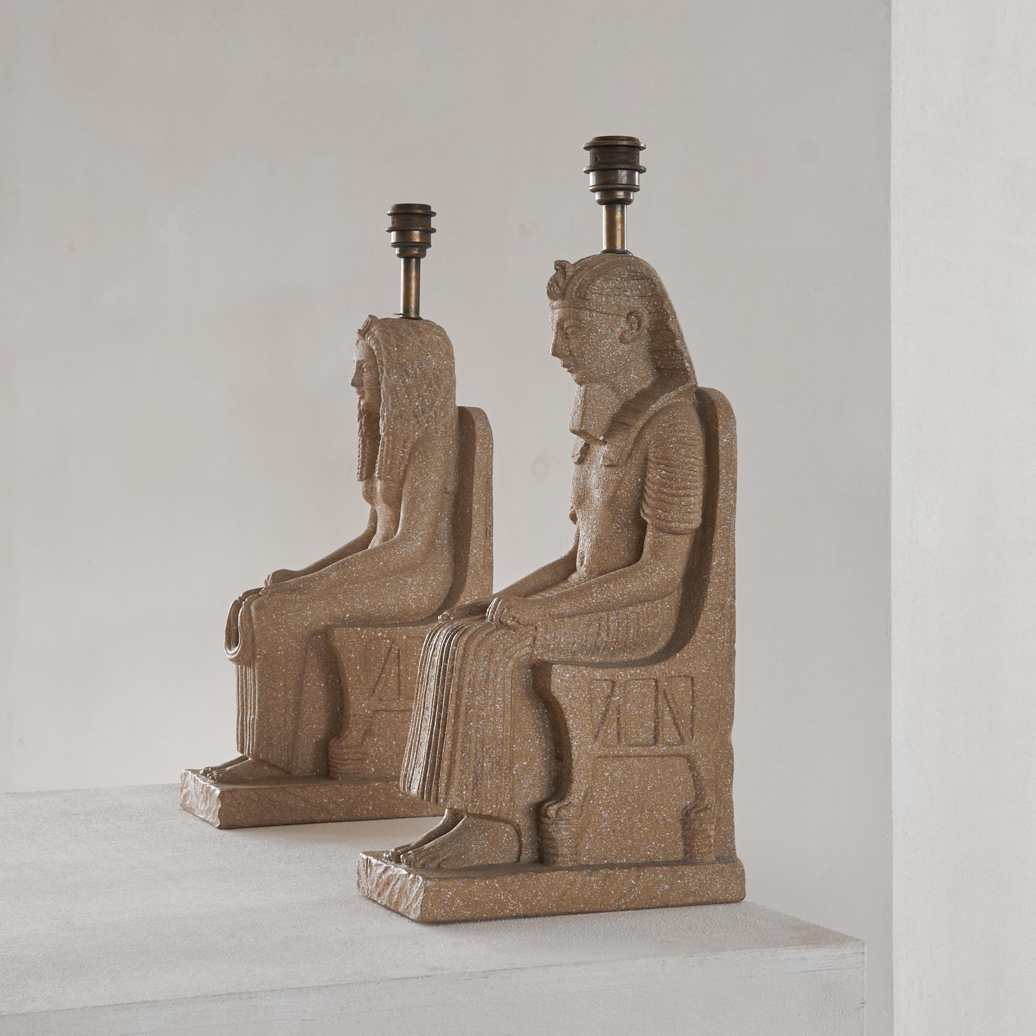 Italian Zaccagnini Florence Pair of Monumental Pharaoh Ceramic Table Lamps Italy 1970s For Sale