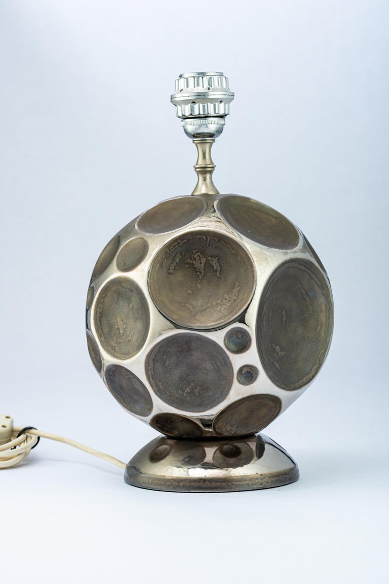 Glazed Zaccagnini Lamp, Ceramic, Geodesic, Silver Pewter, Signed For Sale