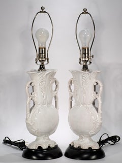 Zaccagnini Majolica Blanc De Chine Pair of Urn Table Lamps Leaf Reliefs