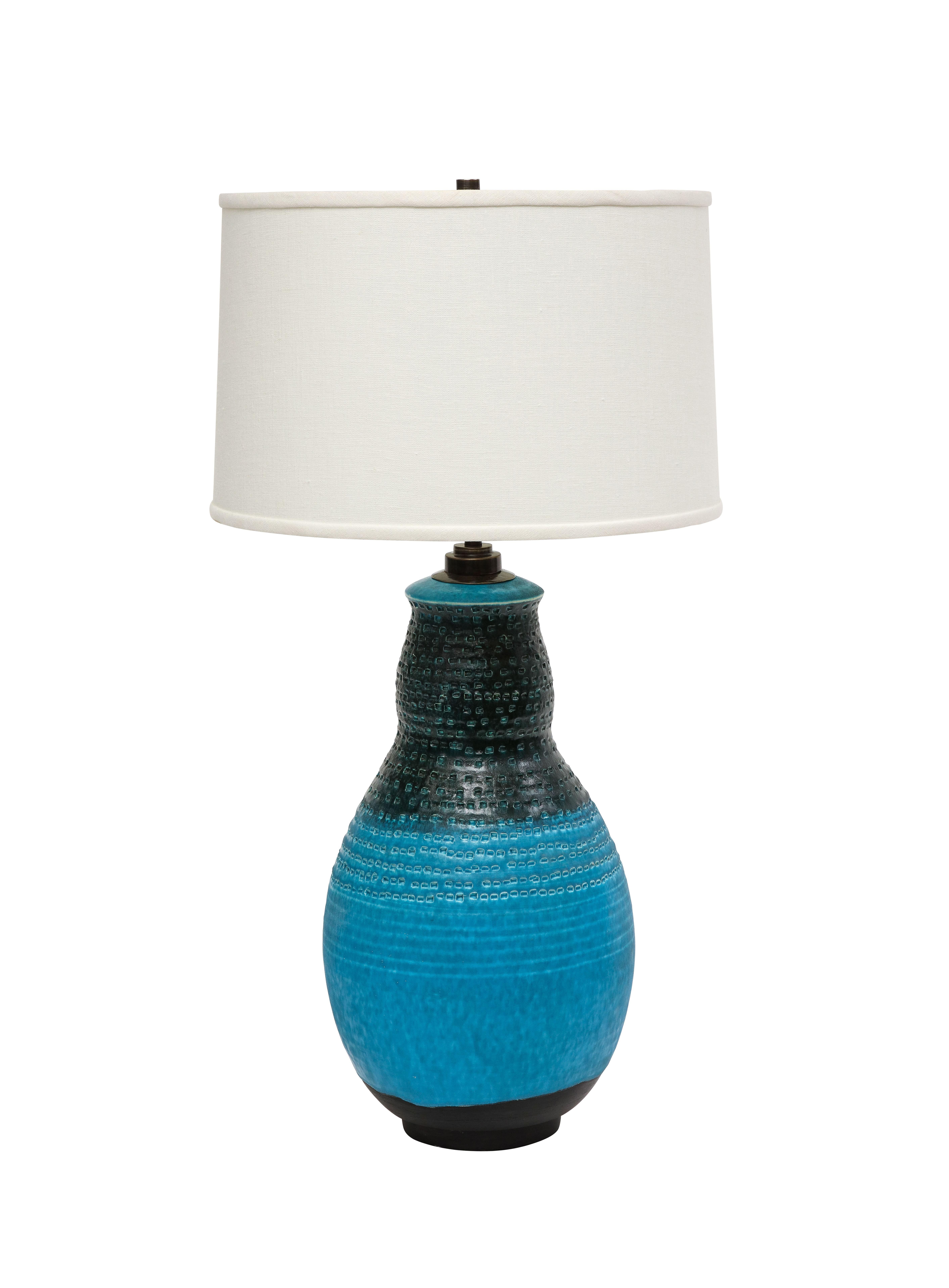 Mid-Century Modern Alvino Bagni Table Lamp, Ceramic, Blue, Black, Impressed