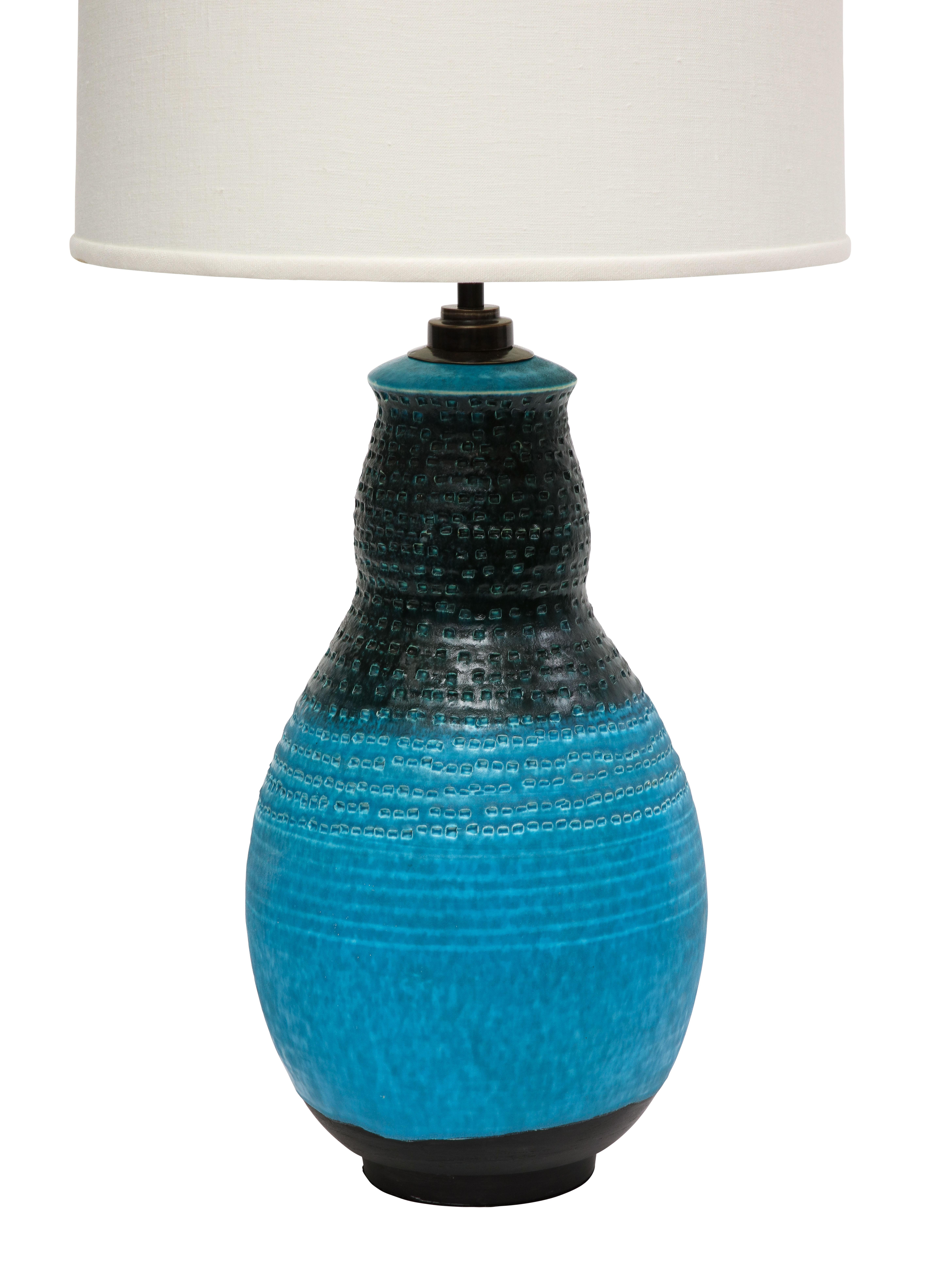Italian Alvino Bagni Table Lamp, Ceramic, Blue, Black, Impressed