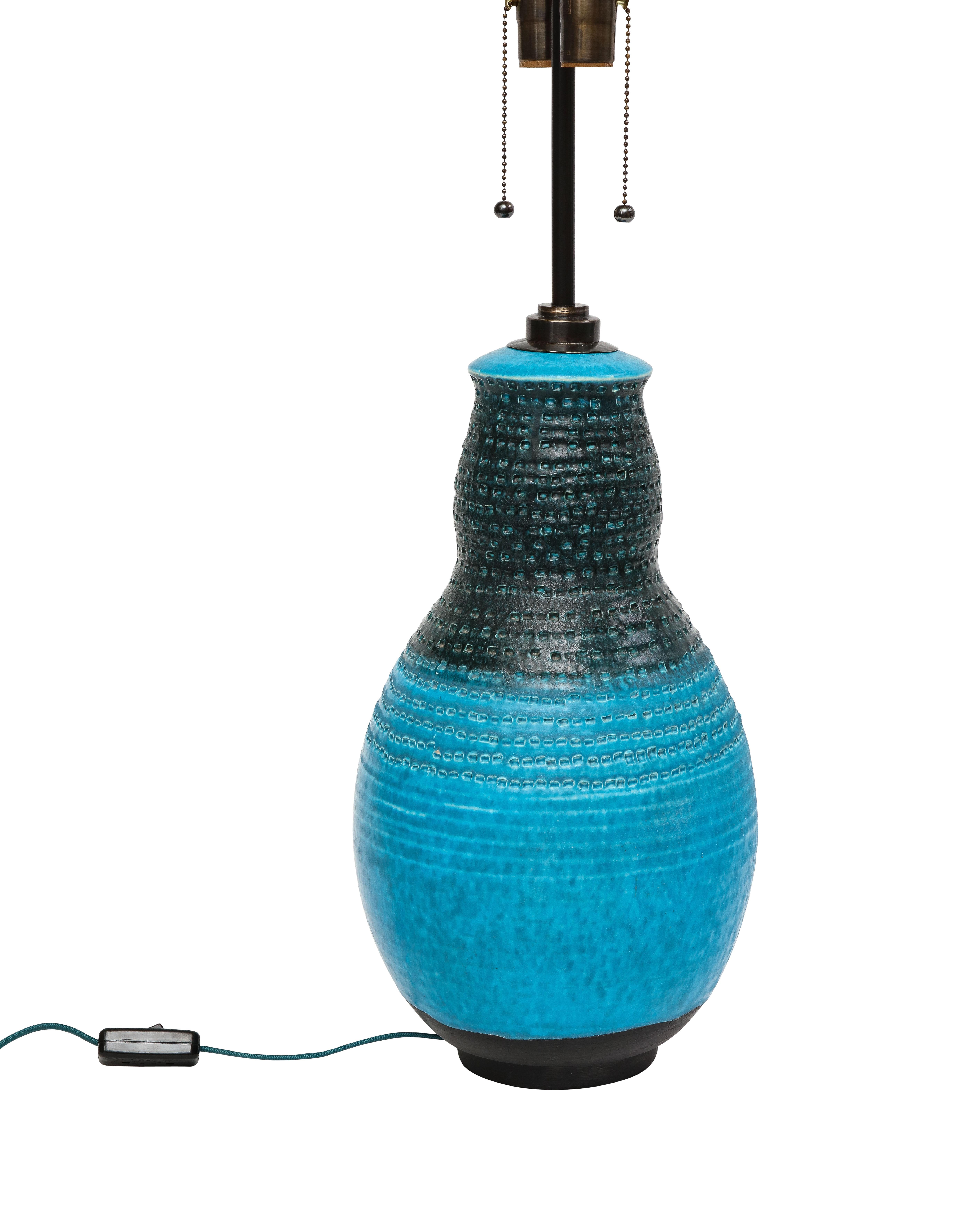 Mid-20th Century Alvino Bagni Table Lamp, Ceramic, Blue, Black, Impressed