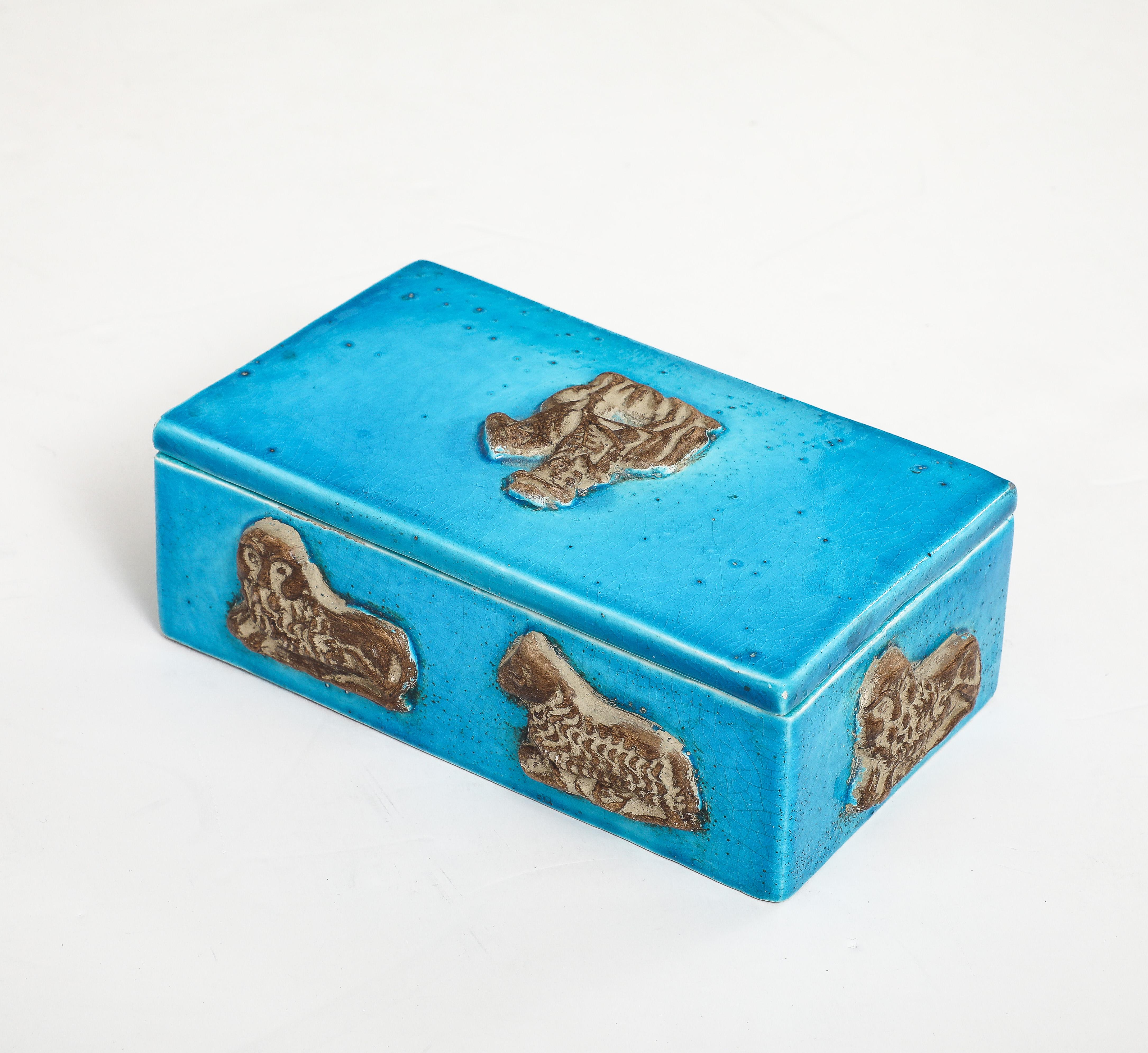 Vibrant Turquoise glazed keepsake/desk box adorned with dimensional appliqués. Signed on bottom.