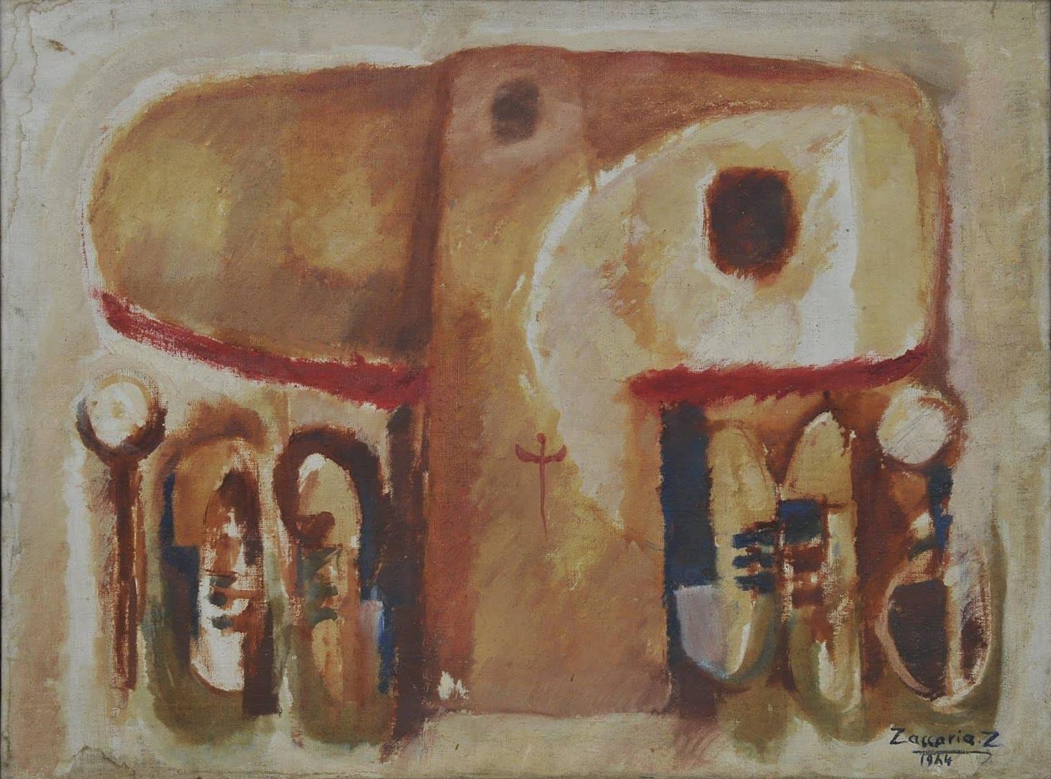 Peinture à l'huile abstraite 24" x 31,5" pouces (1984) de Zaccaria Zeini

Support : huile sur toile 
Signé et daté 

Livré dans son ancien cadre d'origine. 

Zaccaria El Zeini (1932 - 1993) a grandi dans le quartier populaire de Sayyida Zienab, dans