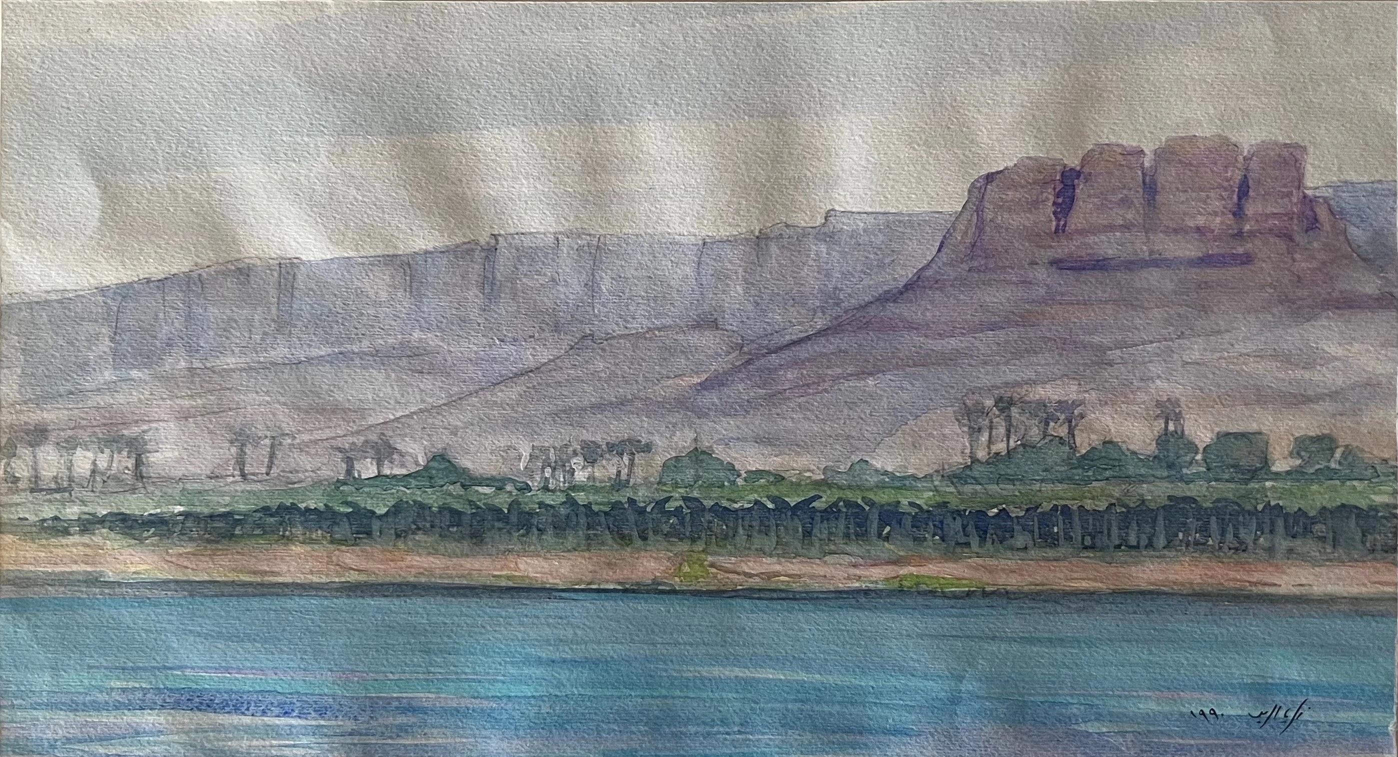 "Aswan" Landscape Watercolor Painting 6" x 11" in (1990) by Zaccaria Zeini
