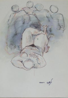 "Bañistas II" Pintura abstracta en acuarela 13" x 9" pulgadas (1986) de Zaccaria Zeini