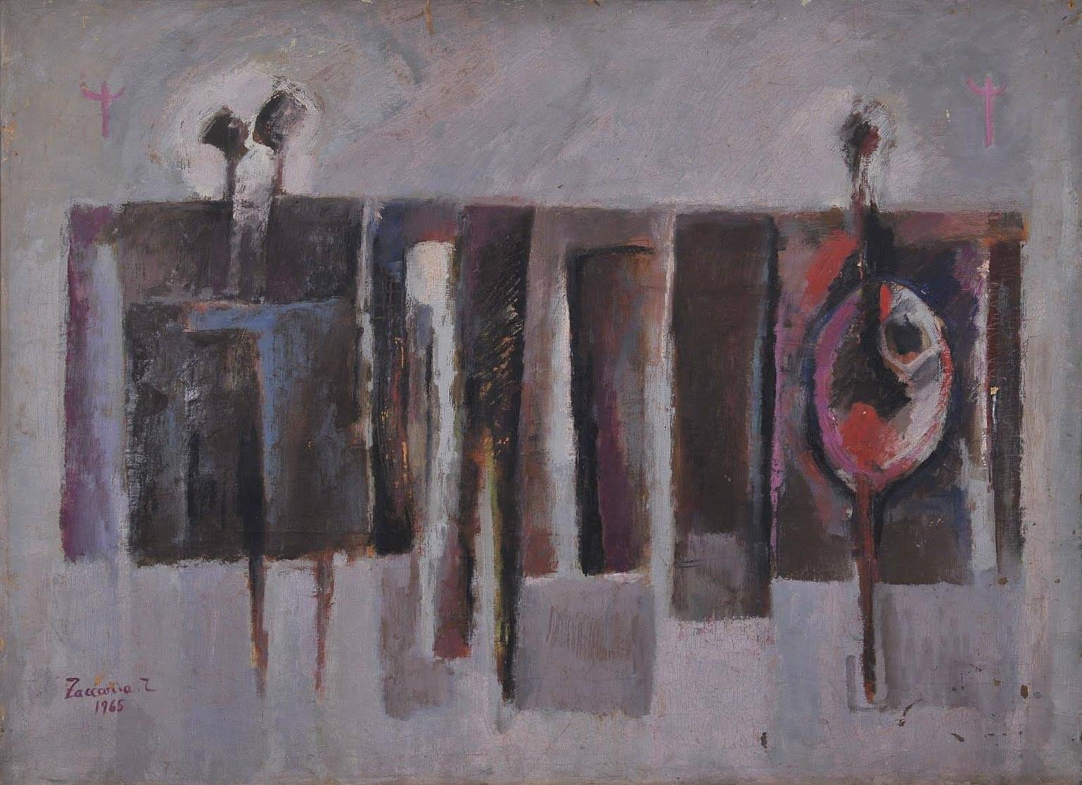 "Cryptic I" Abstract Oil Painting 28" x 39" inch (1965) by Zaccaria Zeini

Medium: oil on canvas 
Signed and dated 
Comes in old, original frame

Zaccaria El Zeini (1932 - 1993) was raised in the popular district of Sayyida Zienab in Old Cairo and