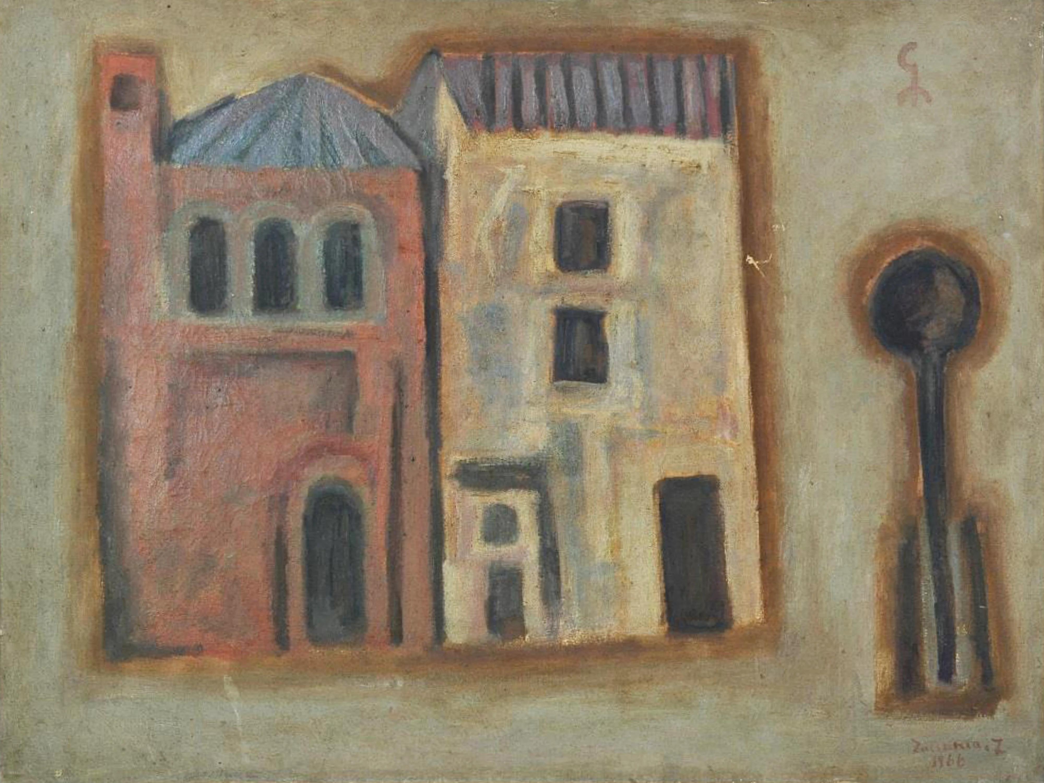 "Domicile I" Peinture à l'huile abstraite 28" x 39" pouces (1966) de Zaccaria Zeini

Support : huile sur toile
Signé et daté 
Livré dans son ancien cadre d'origine 

Zaccaria El Zeini (1932 - 1993) a grandi dans le quartier populaire de Sayyida