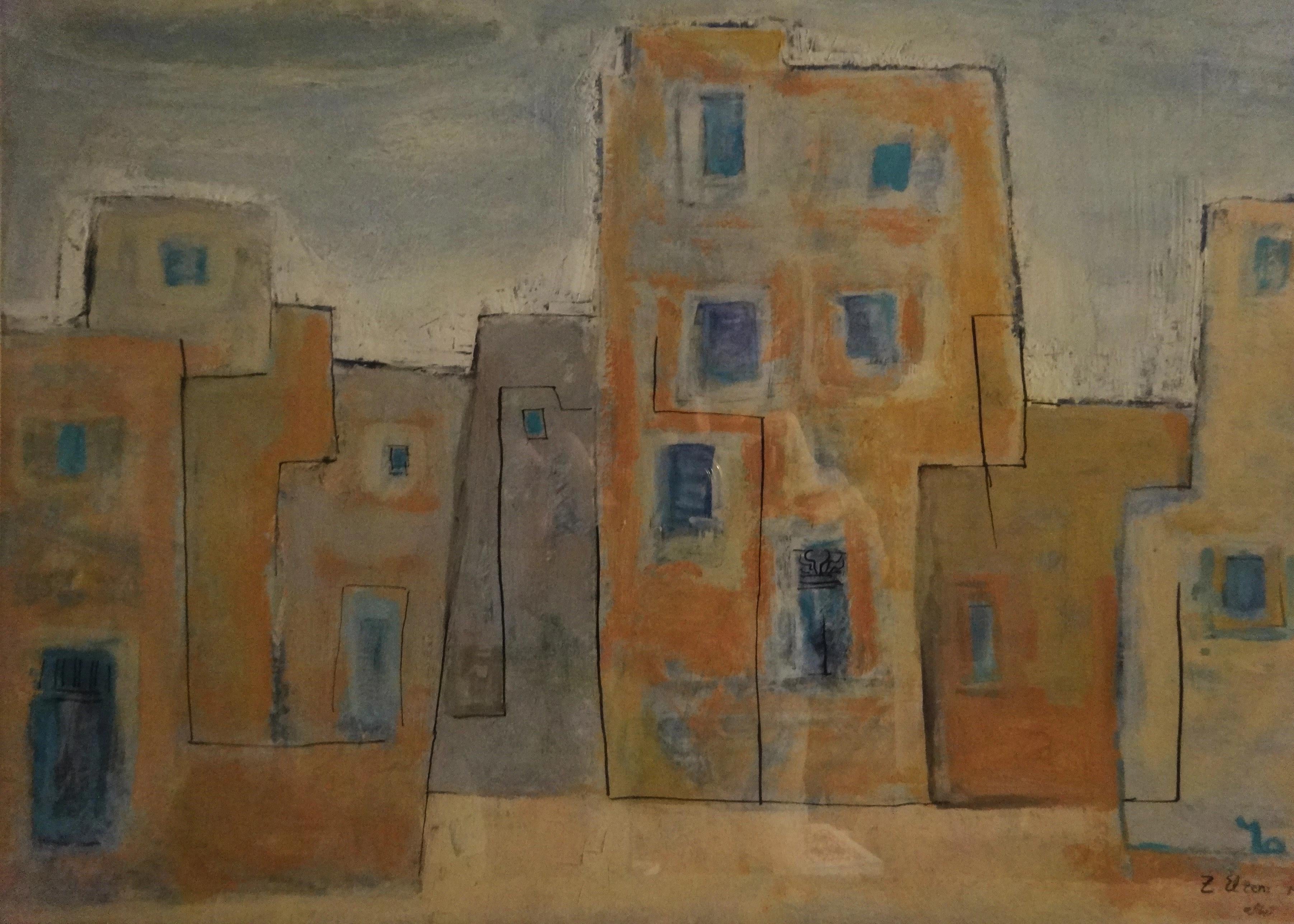 „Domicile II“ Aquarellgemälde 13" x 18,5" Zoll (1980) von Zaccaria Zeini