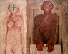 "Duality" peinture à l'huile abstraite de 31,5" x 39" pouces (1969) de Zaccaria Zeini