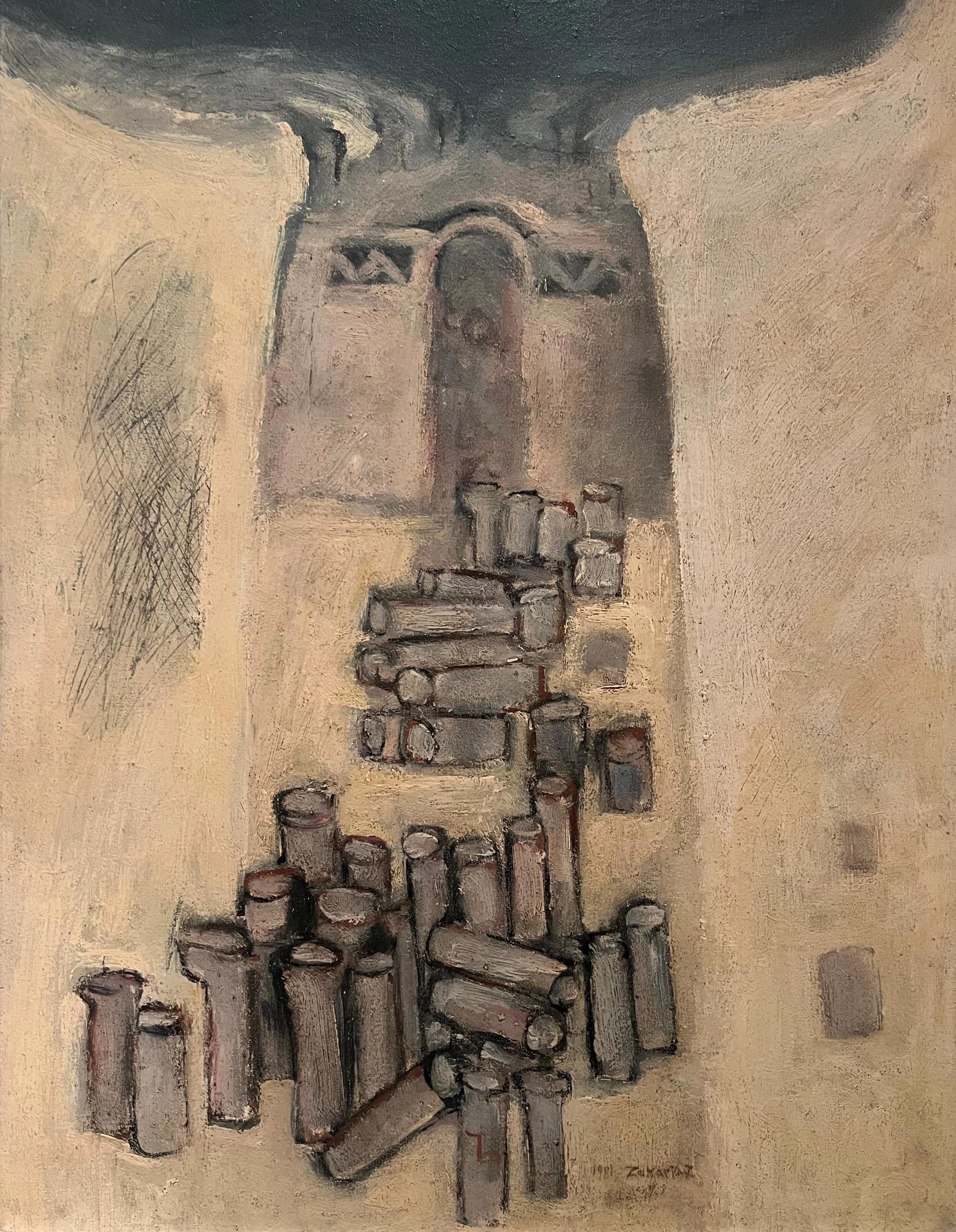 Abstraktes Ölgemälde „Kiln“ 26" x 20" Zoll (1981) von Zaccaria Zeini

Medium: Öl auf Leinwand 
Unterzeichnet und datiert 

Zaccaria El Zeini (1932-1993) wuchs im beliebten Viertel Sayyida Zienab in der Altstadt von Kairo auf und absolvierte die