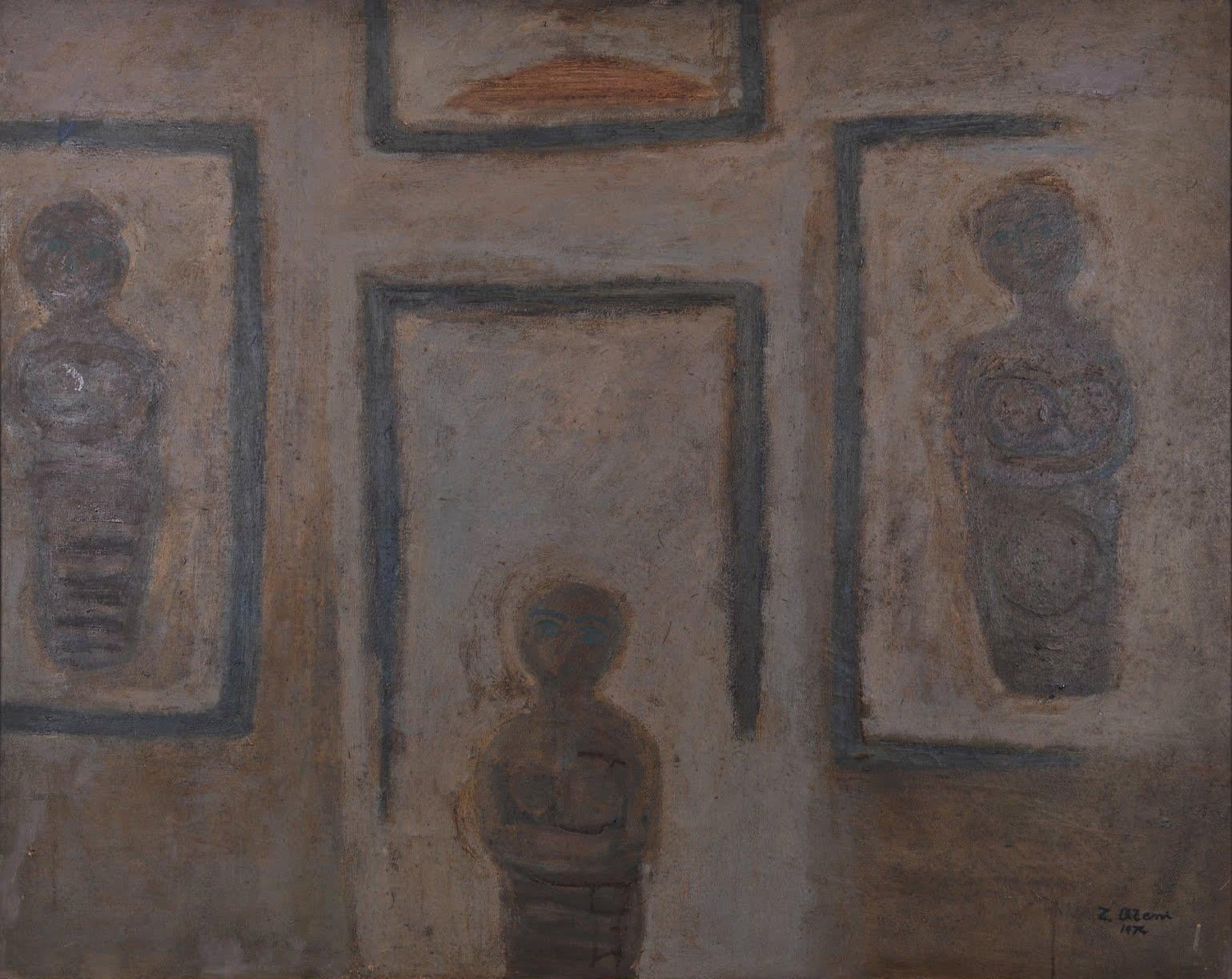 "Abgeschiedenheit I" Abstraktes Ölgemälde 31,5" x 39" Zoll (1974) von Zaccaria Zeini

Medium: Öl auf Leinwand 
Unterzeichnet und datiert 

Zaccaria El Zeini (1932-1993) wuchs im beliebten Viertel Sayyida Zienab in der Altstadt von Kairo auf und