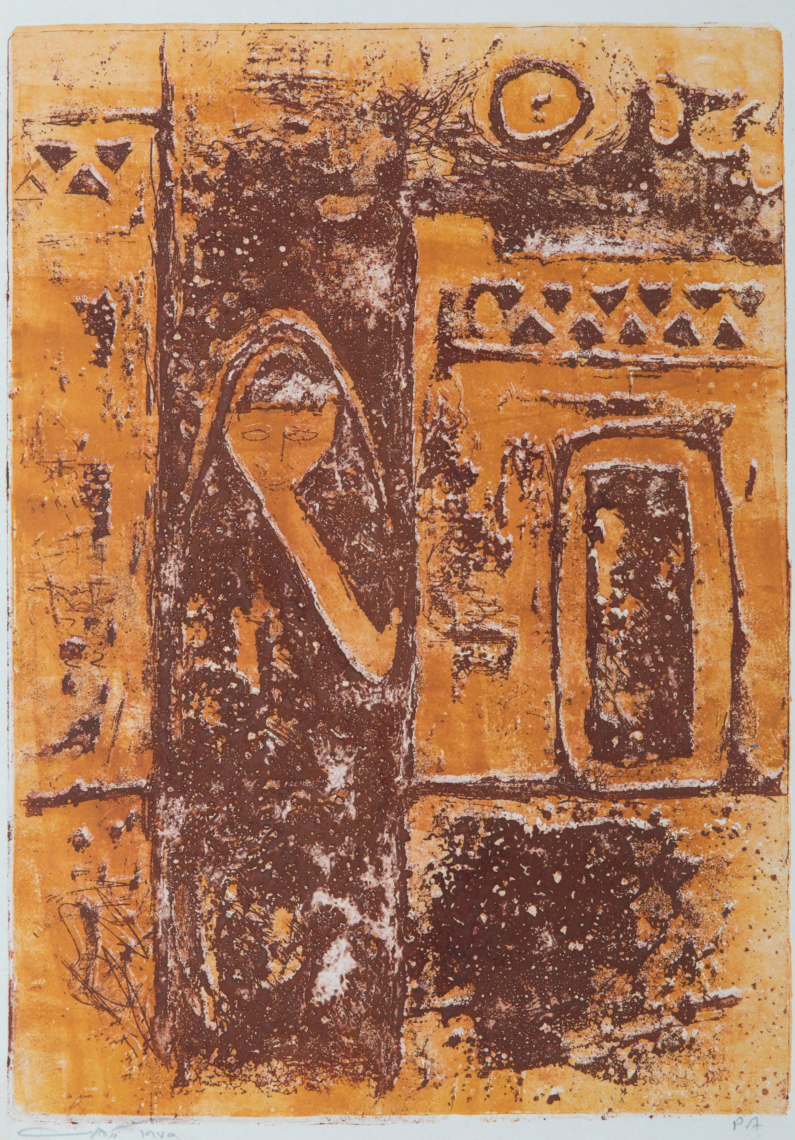 "Aldeano" (ENMARCADA) Litografía abstracta 20" x 13" in (1975) de Zaccaria Zeini