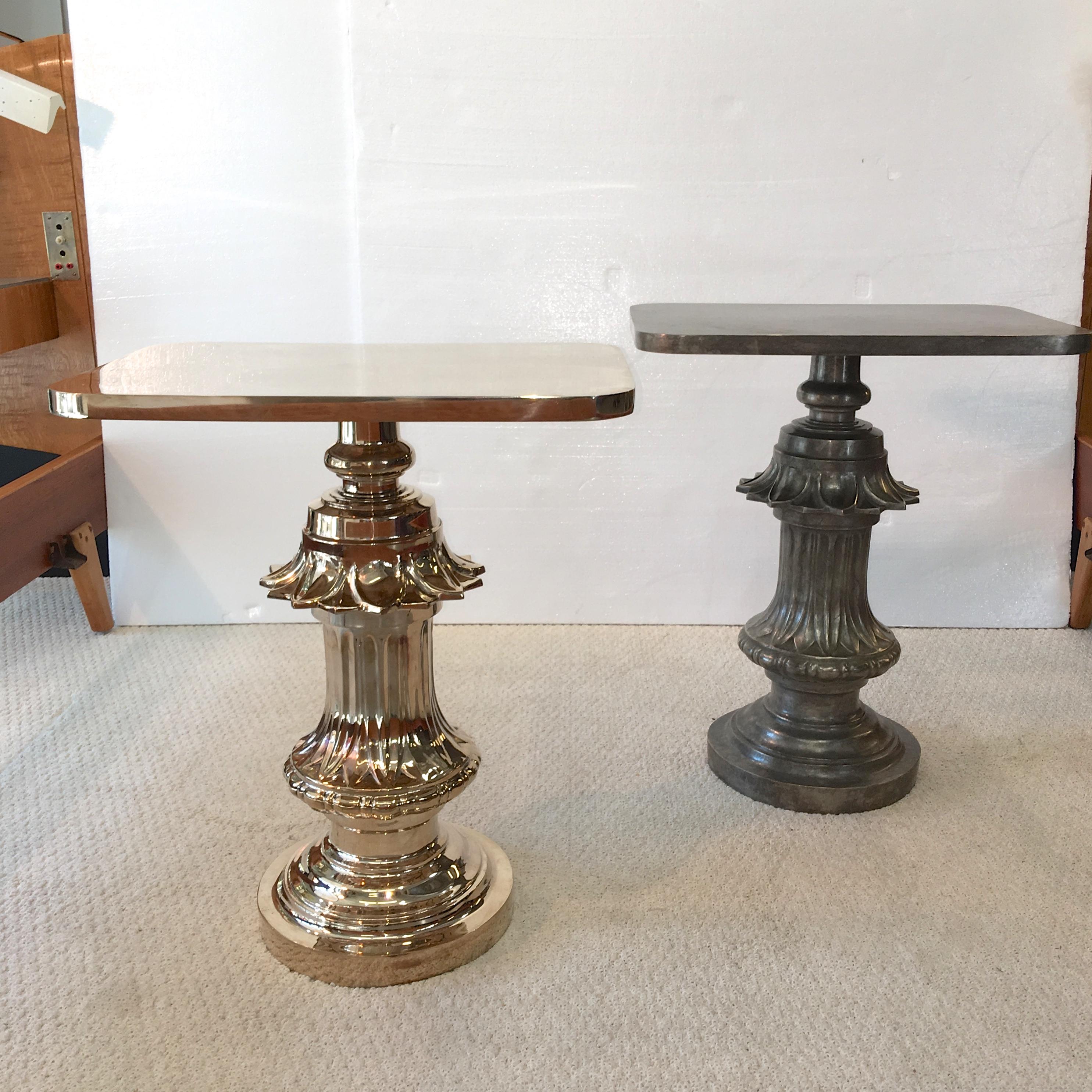 Mirror polished solid bronze side table with fixed rectangular top on a round pedestal base cast from an authentic salvaged old Boston ornamental 19th century cast iron-gas street lamp post. 
Sculptor Zach Gabbard discovered the old lamp post base