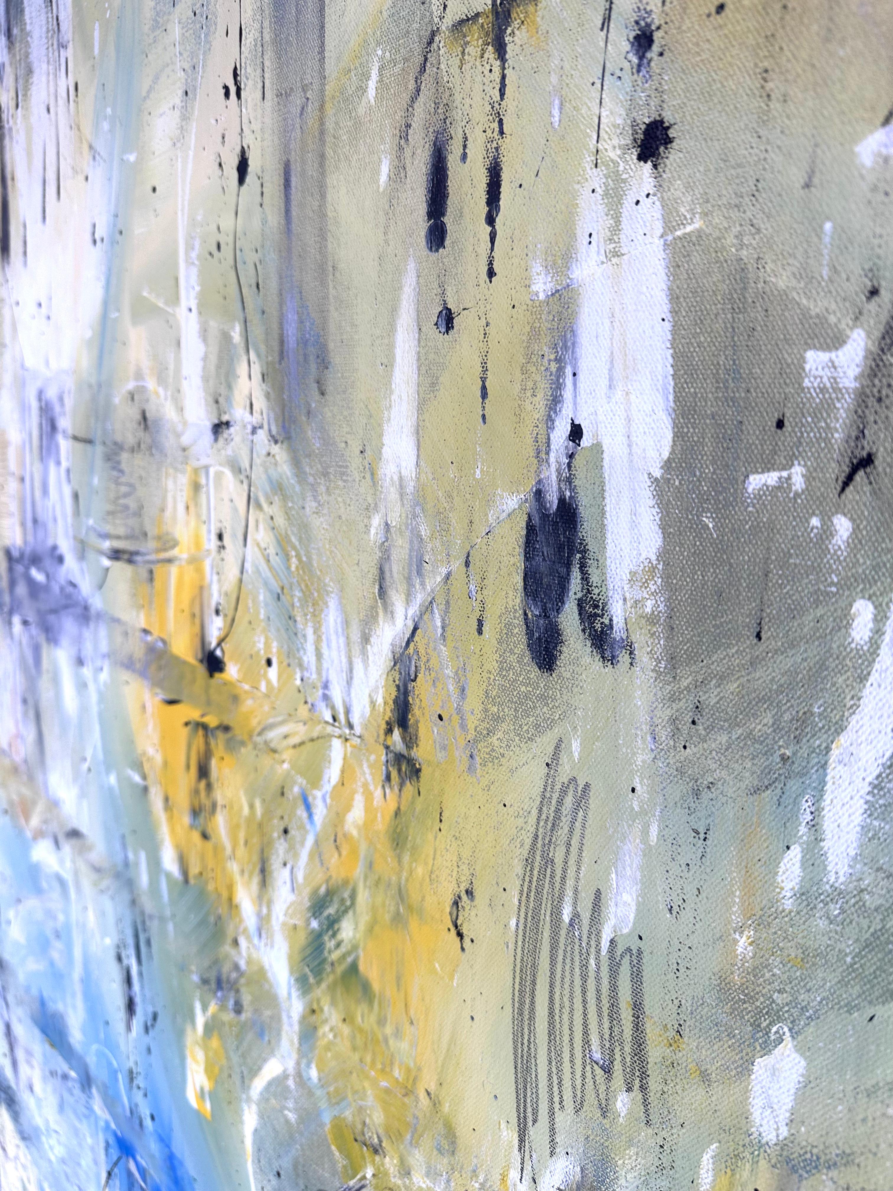 This acrylic painting on cotton canvas features a dynamic abstract composition with layered brushstrokes and a muted yet complex color palette. The work primarily uses soft shades of green, blue, yellow, and white, with contrasting black accents and