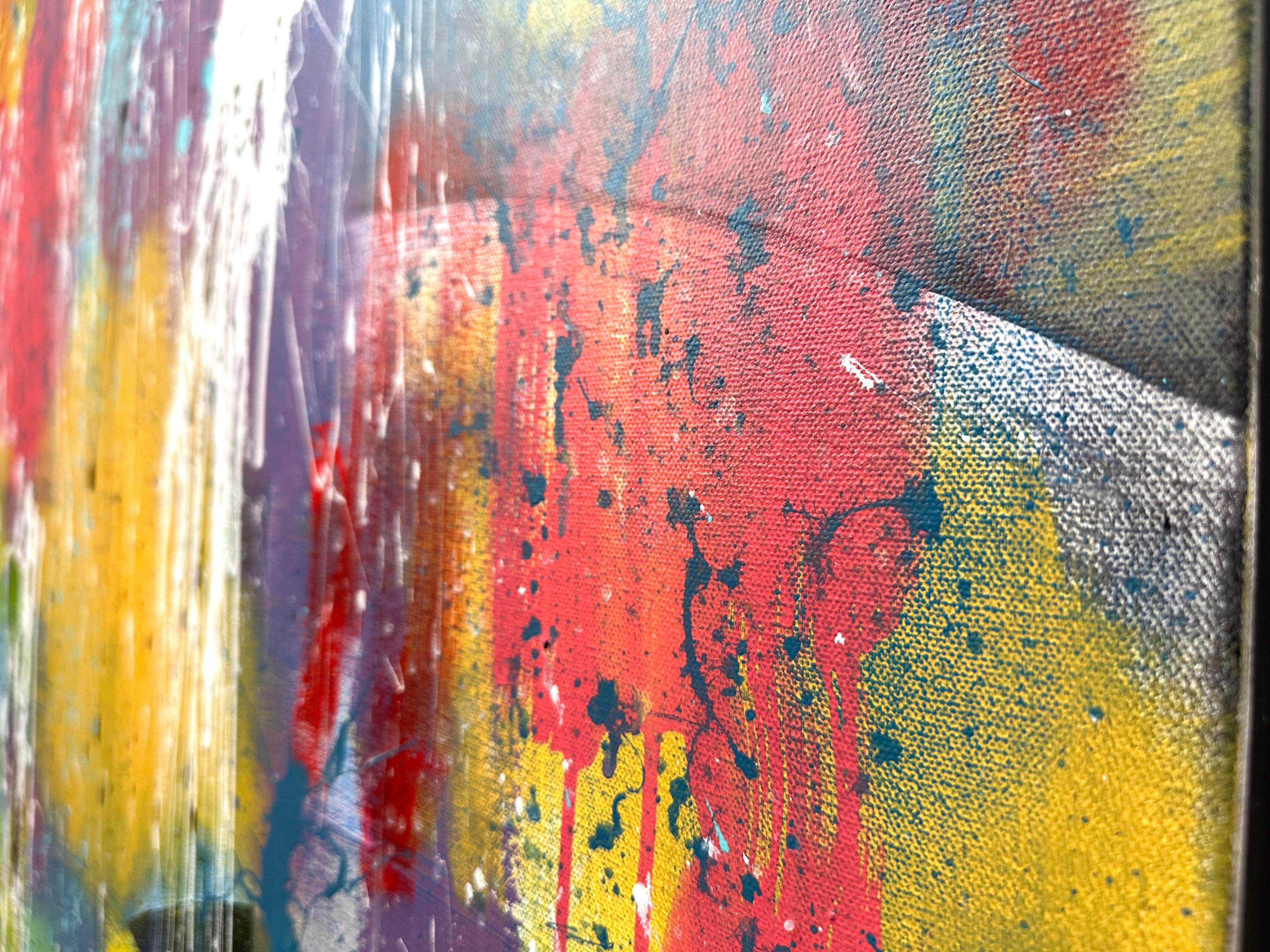 This acrylic painting on cotton canvas bursts with vibrant energy, featuring dynamic brushstrokes and a bold, expressive color palette. The composition is layered with splashes of pink, blue, yellow, green, and white, creating a visually striking
