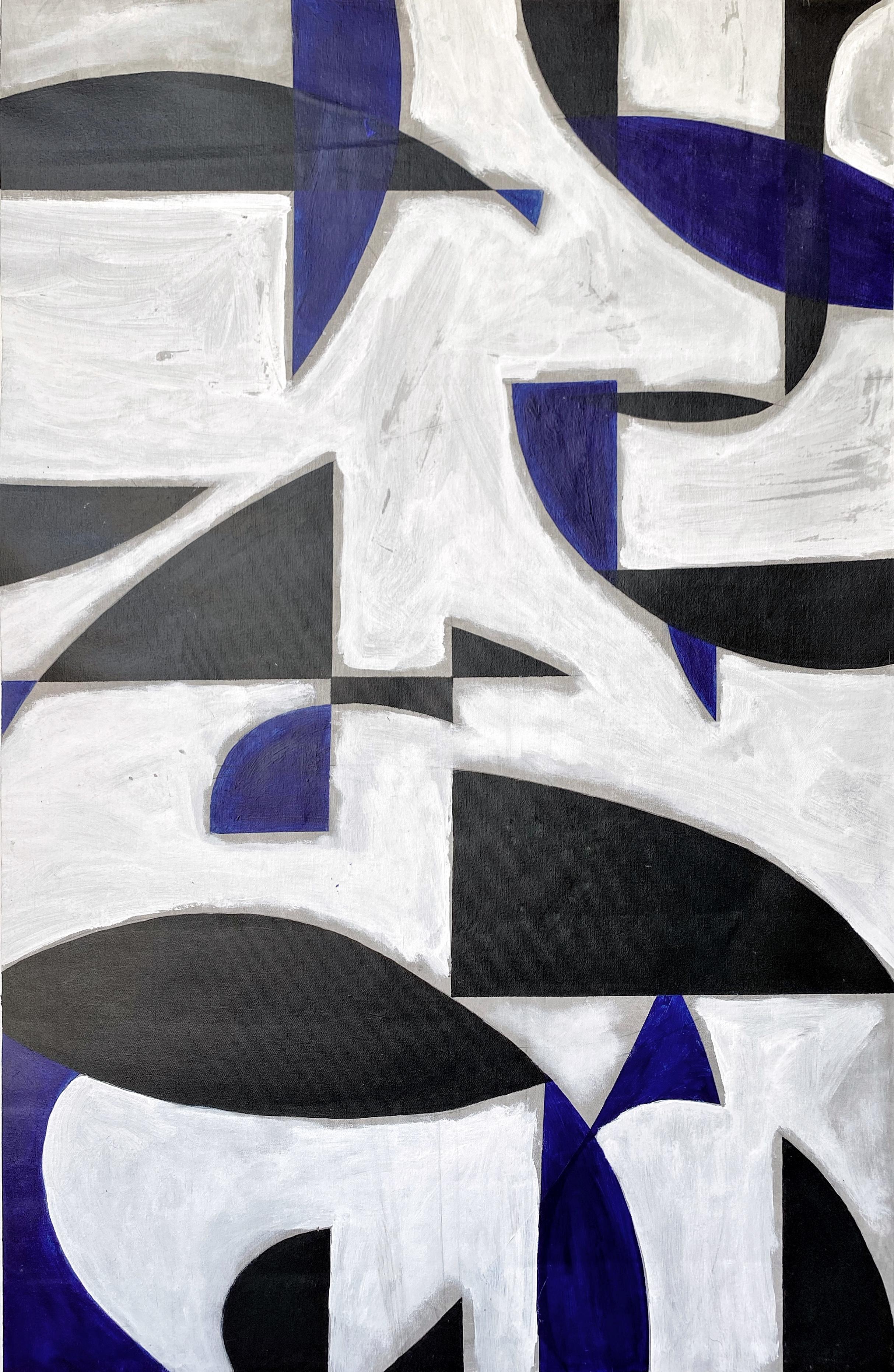 Blaues und weißes – ungestrecktes abstraktes, geometrisches Mehrfarbiges Gemälde