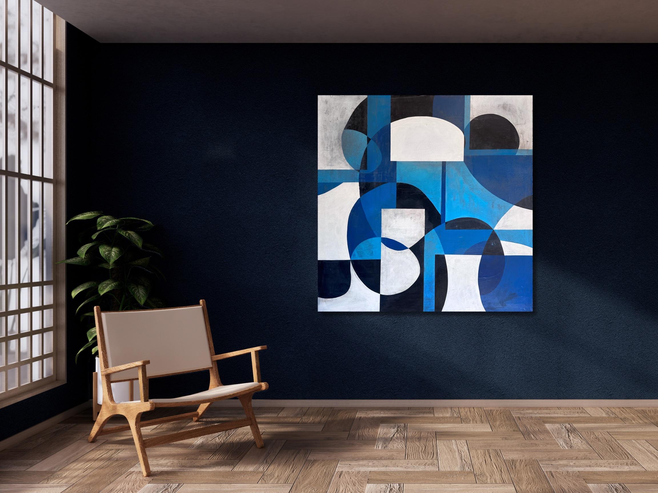 ASW1040 - Abstract Geometric Blue and White Painting For Sale 9