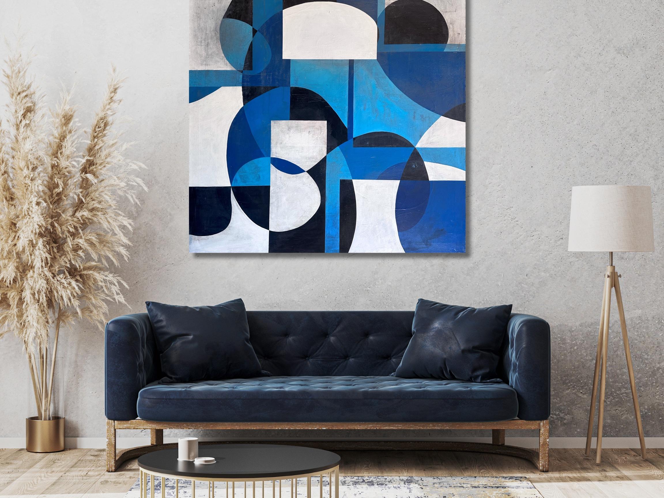ASW1040 - Abstract Geometric Blue and White Painting For Sale 10
