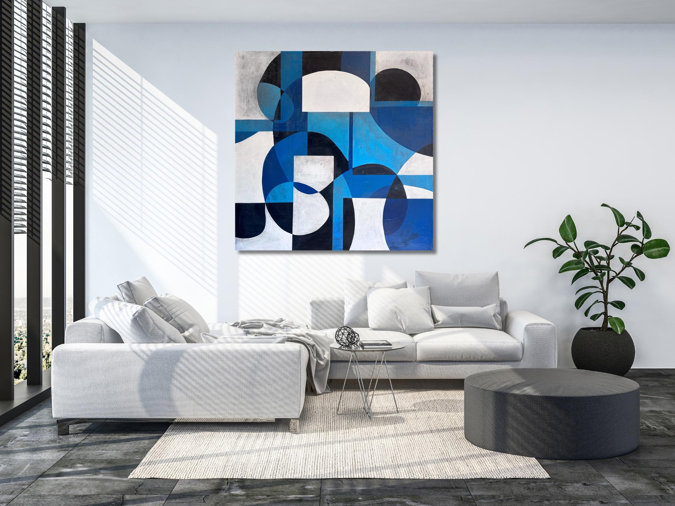 ASW1040 - Abstract Geometric Blue and White Painting For Sale 1