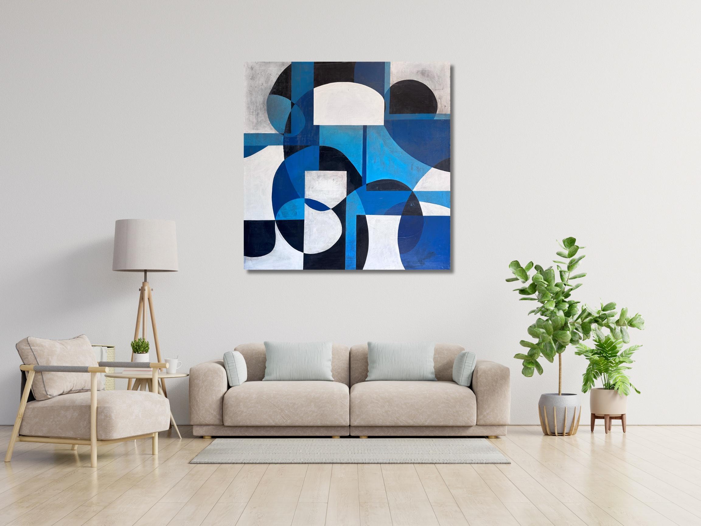 ASW1040 - Abstract Geometric Blue and White Painting For Sale 6