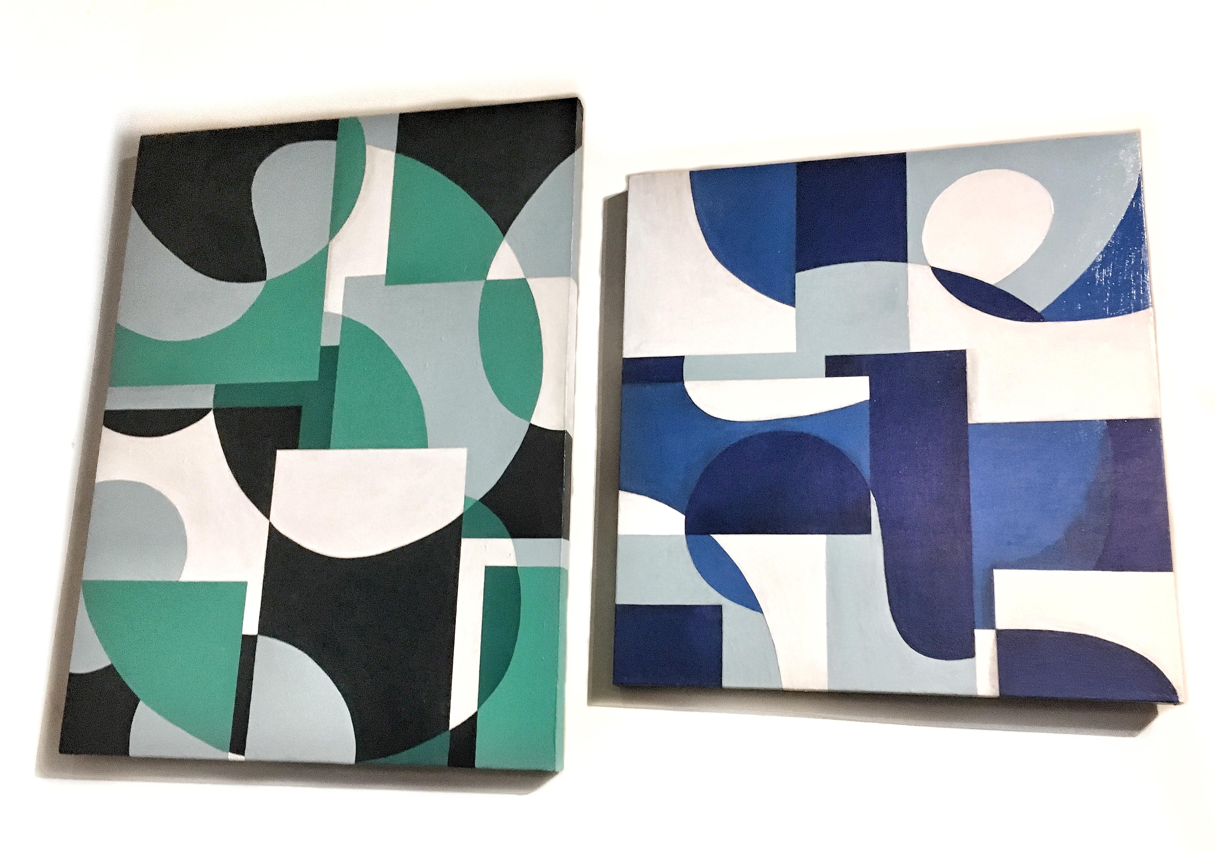 GA2002 - Abstract Geometric Interior Painting with Green and White Shapes - Blue Abstract Painting by Zach Touchon