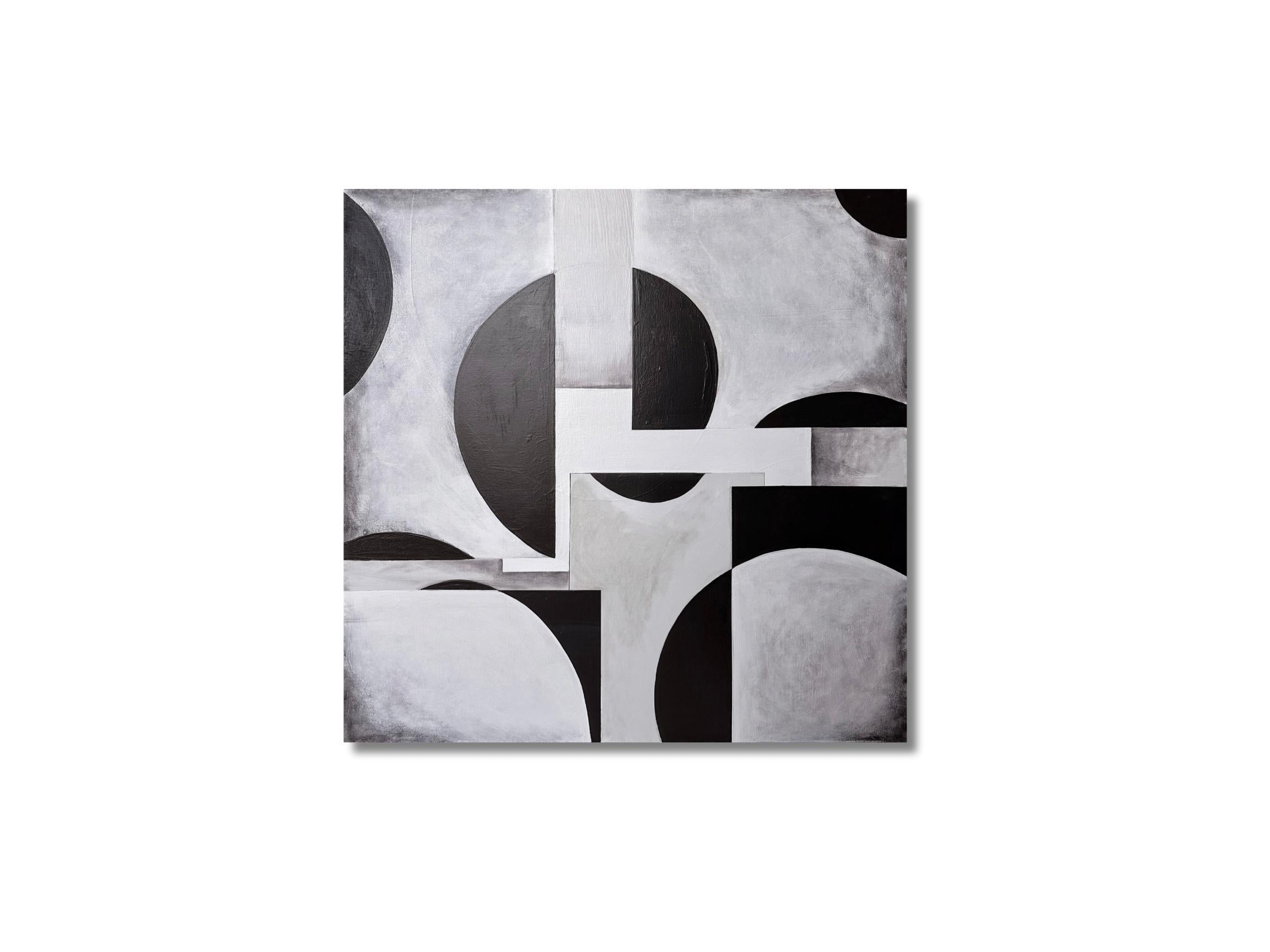 GA2402 - Abstraktes geometrisches Interieurgemälde mit weißem, grauem, grauem und schwarzem Weiß – Painting von Zach Touchon