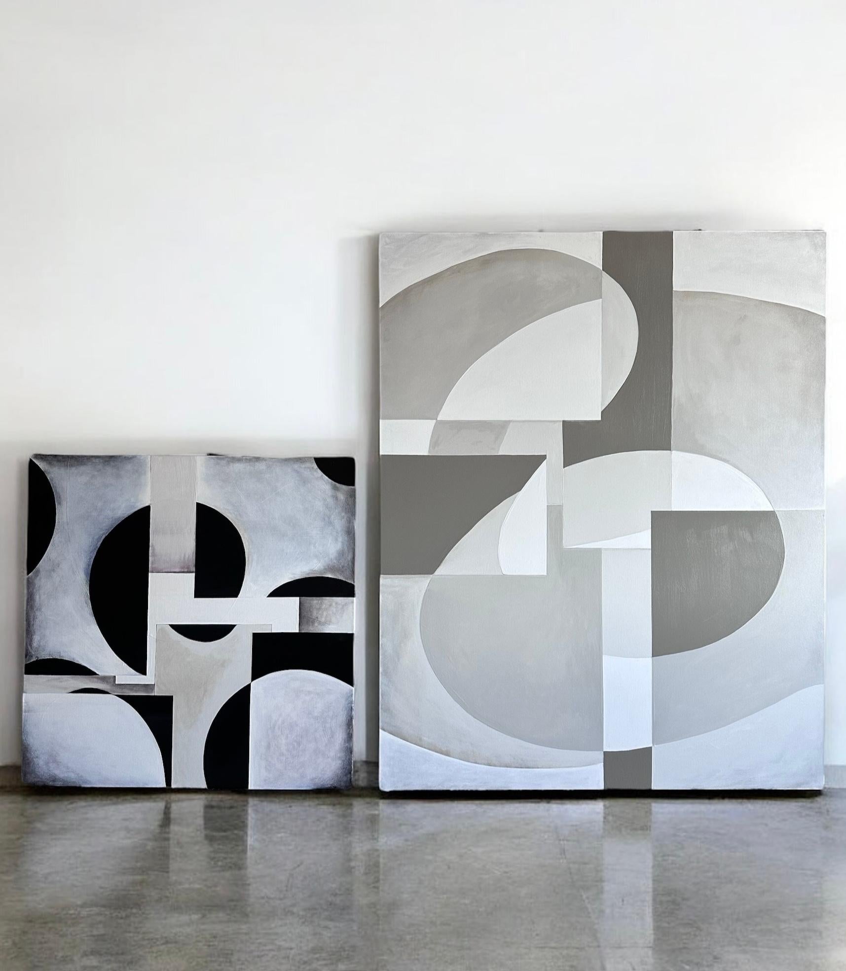 GA2404 - Beige, Grey, and White Monochrome Abstract Geometric Interior Painting For Sale 2