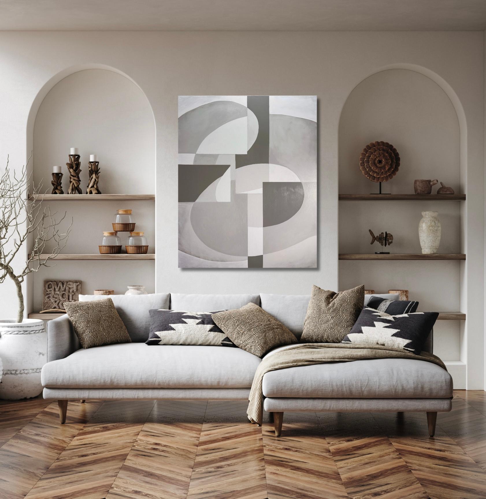 GA2404 - Beige, Grey, and White Monochrome Abstract Geometric Interior Painting For Sale 3