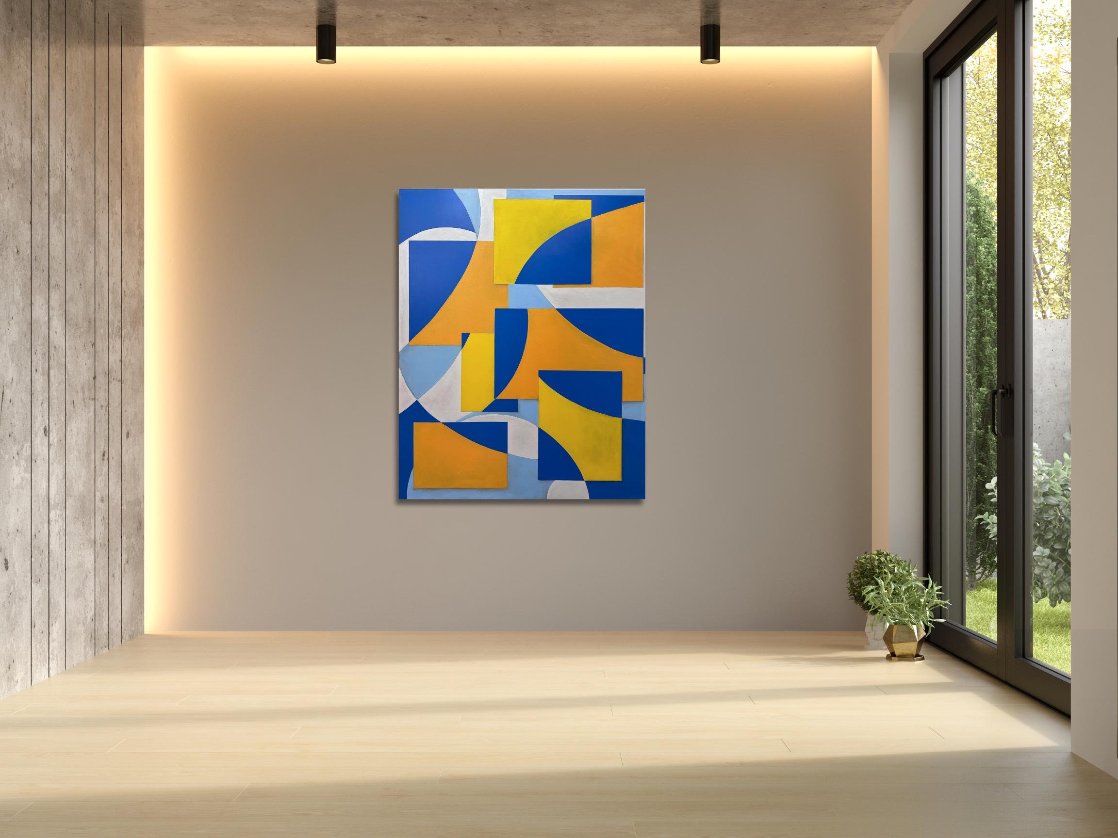 GA2406 - Peinture d'intérieur géométrique abstraite multicolore bleue, orange, jaune - Painting de Zach Touchon