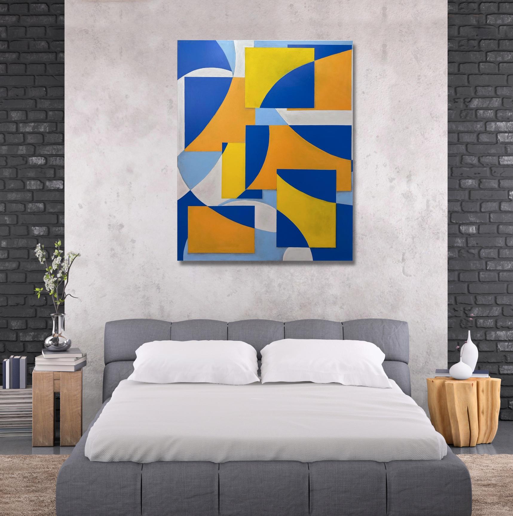 GA2406 - Peinture d'intérieur géométrique abstraite multicolore bleue, orange, jaune en vente 2