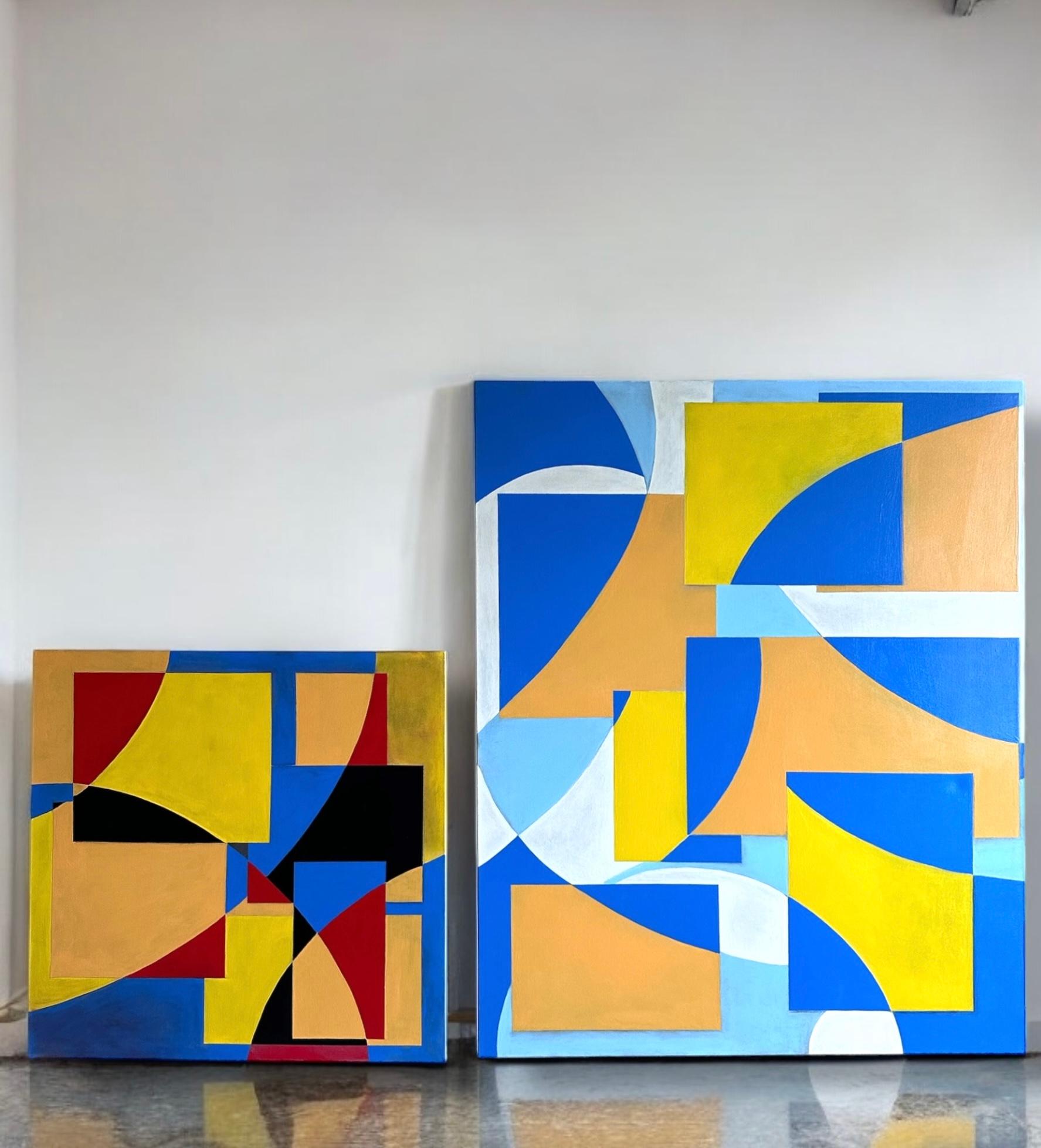 GA2406 - Peinture d'intérieur géométrique abstraite multicolore bleue, orange, jaune en vente 3