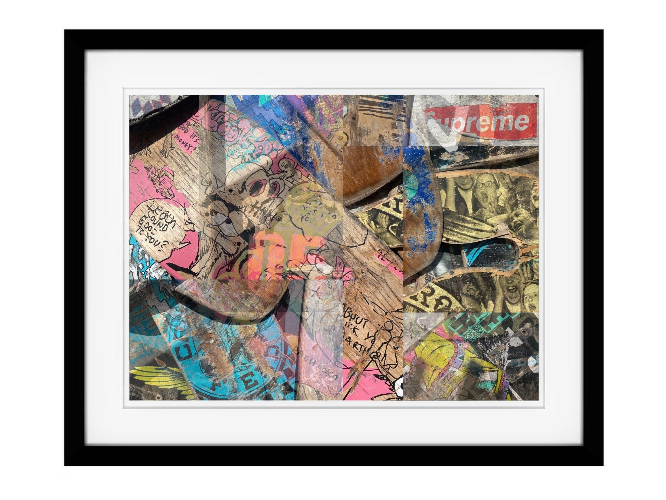 CS25 - is #25 in the series (created in 2021). It was created in Santa Barbara, California. The collage was made out of the photographs of different skateboards hung on the wall of a shop. The work is multicolored, has some logos, stickers, brands'