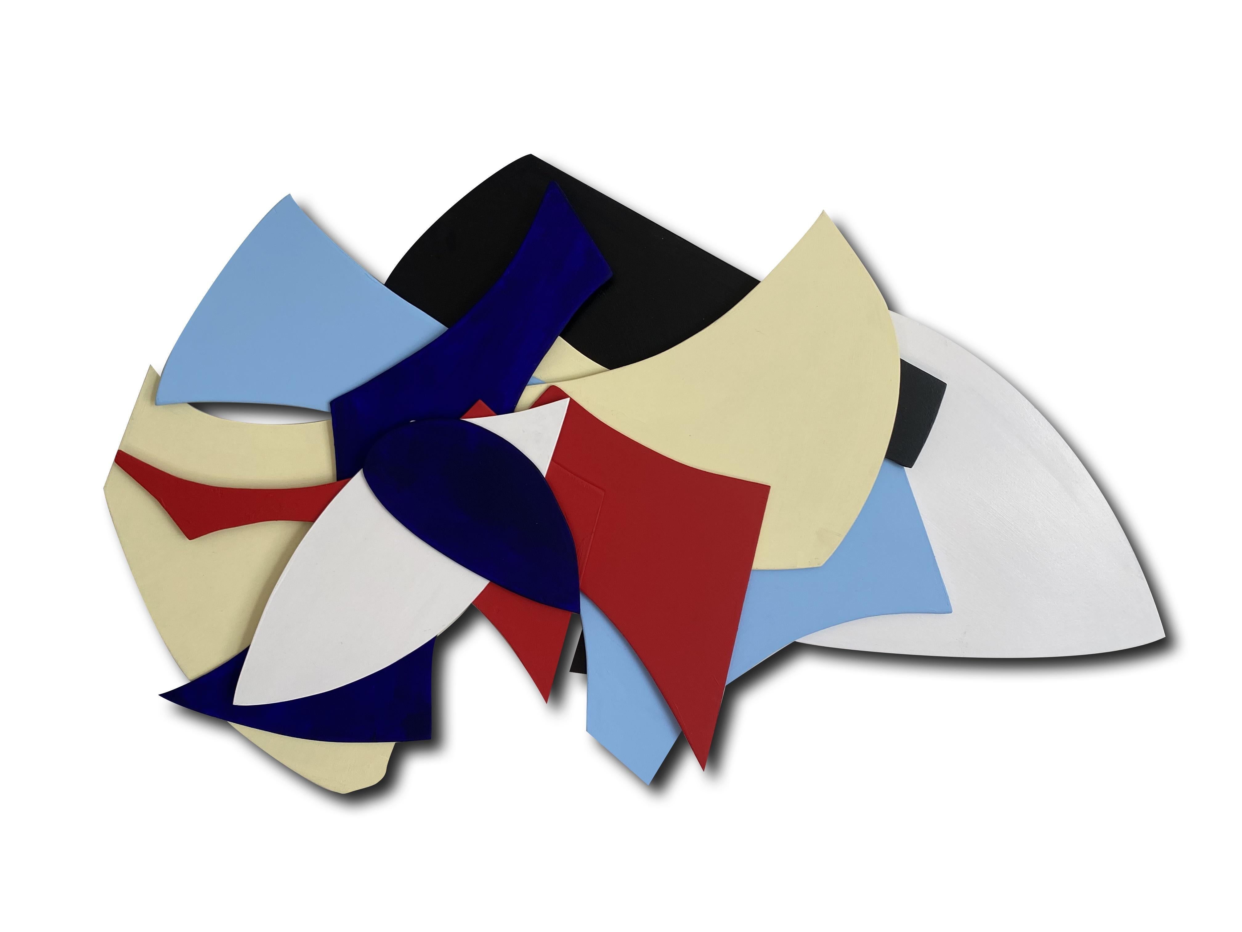 GS03, Geometrische abstrakte mehrfarbige 3D-Wandskulptur in Mischtechnik