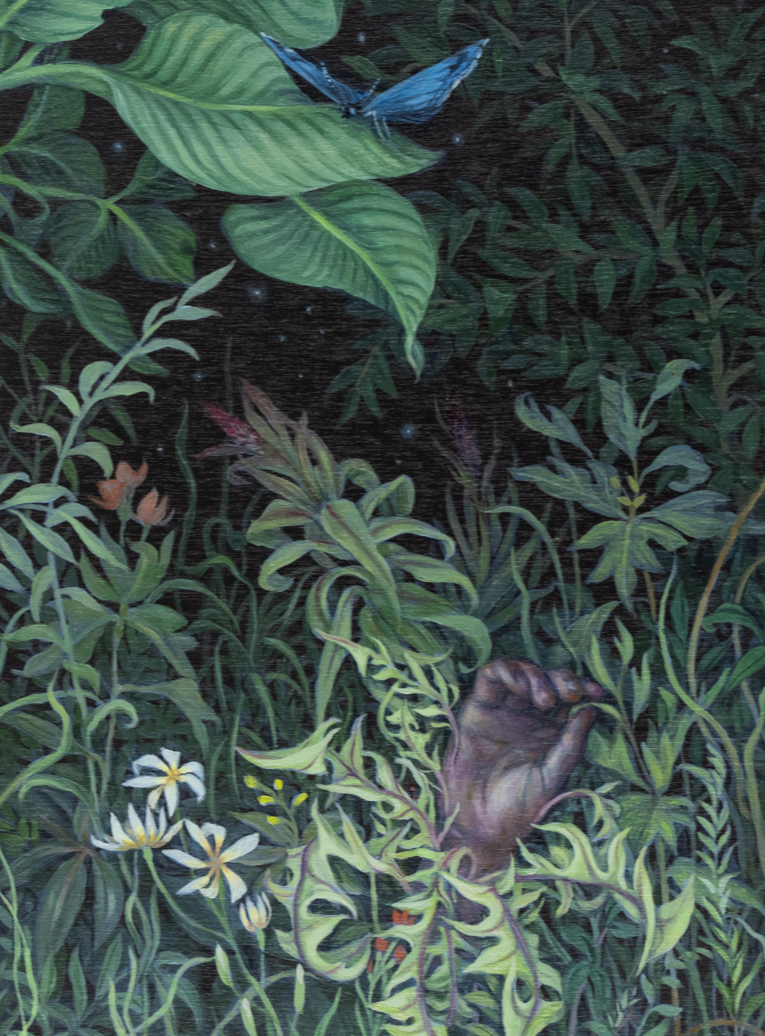 This is a contemporary figurative landscape painting by Zachari Logan entitled "Transformations (The Dream), No. 5" that depicts lush green foliage and a human hand surrounded by intricate leaves and flowers, creating a surreal and serene